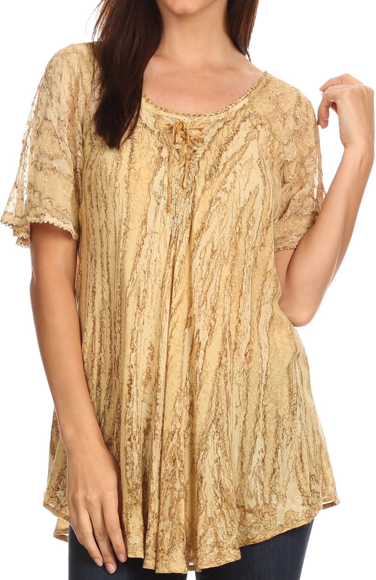 Sakkas Zoya Marbled Embroidery Cap Sleeves Blouse / Top