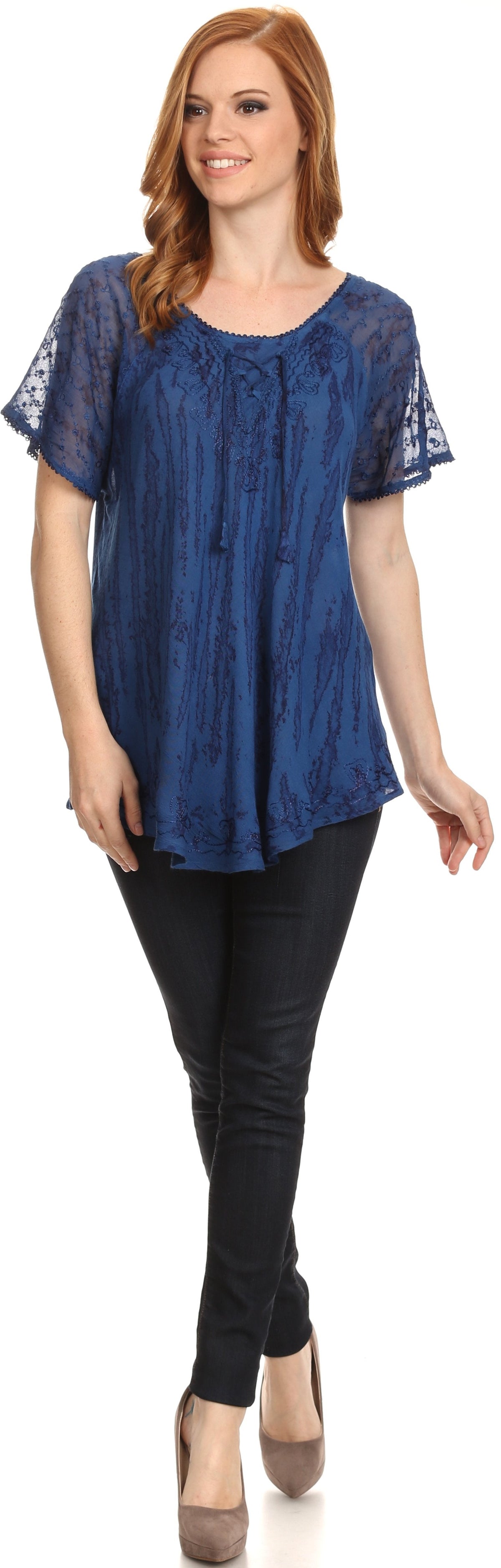 Sakkas Zoya Marbled Embroidery Cap Sleeves Blouse / Top