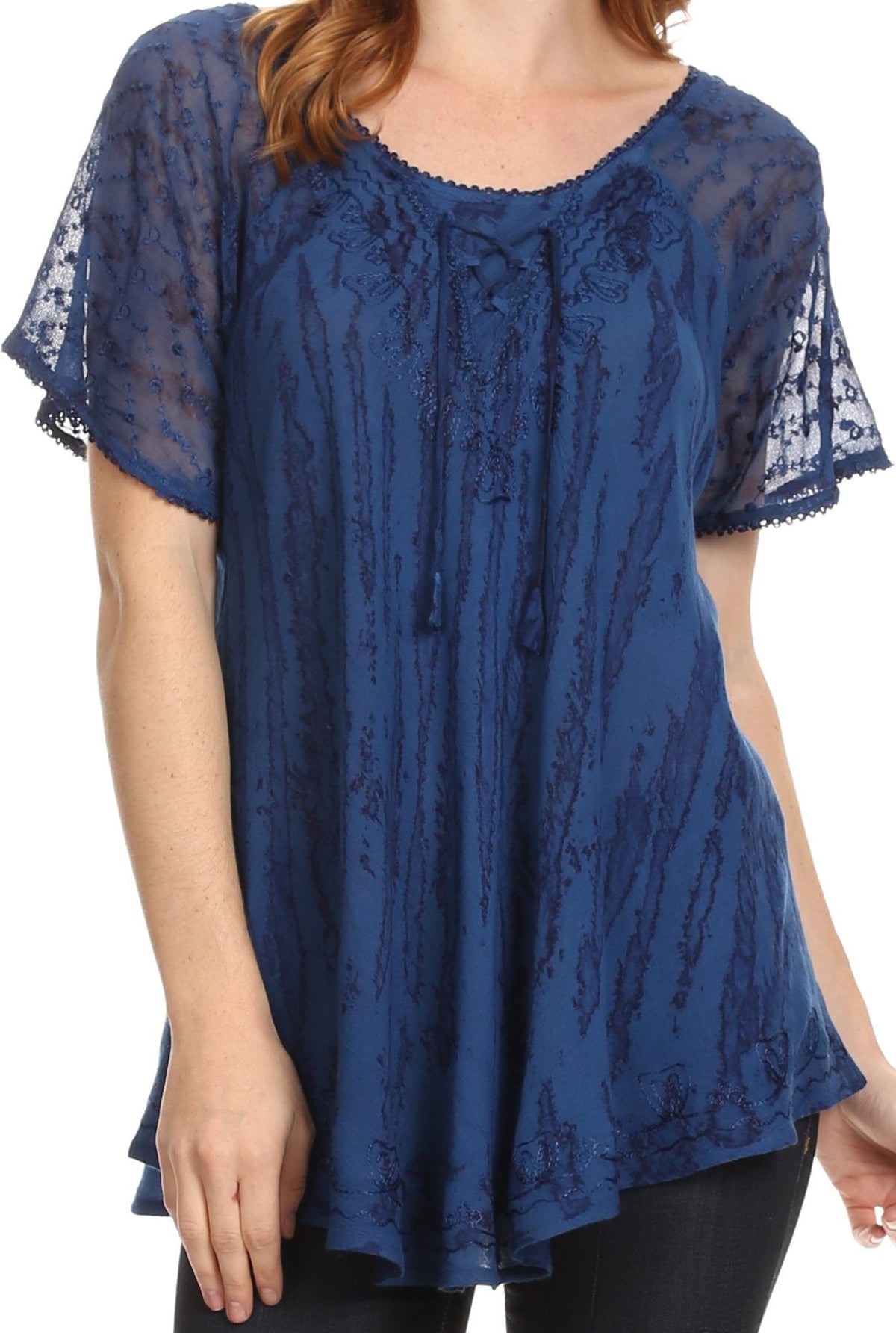 Sakkas Zoya Marbled Embroidery Cap Sleeves Blouse / Top