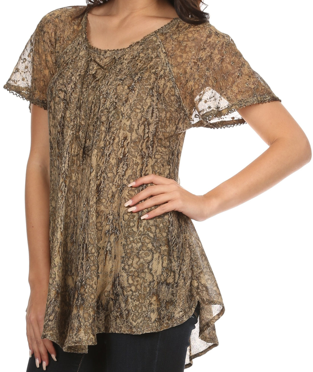 Sakkas Zoya Marbled Embroidery Cap Sleeves Blouse / Top
