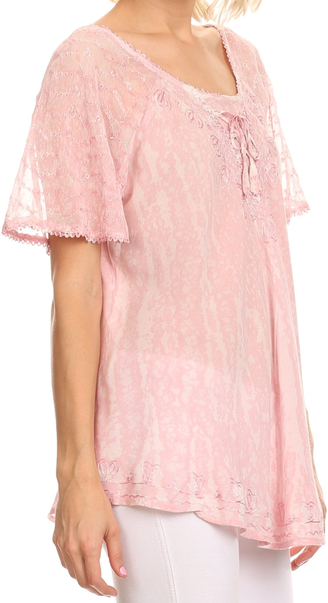 Sakkas Zoya Marbled Embroidery Cap Sleeves Blouse / Top