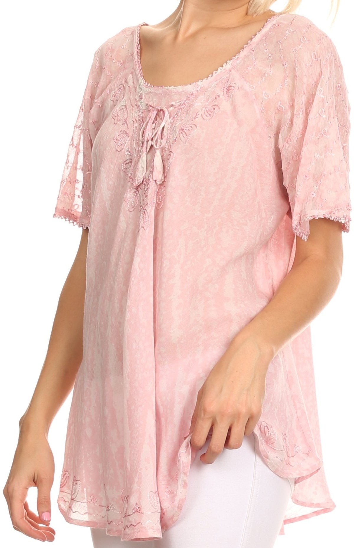 Sakkas Zoya Marbled Embroidery Cap Sleeves Blouse / Top