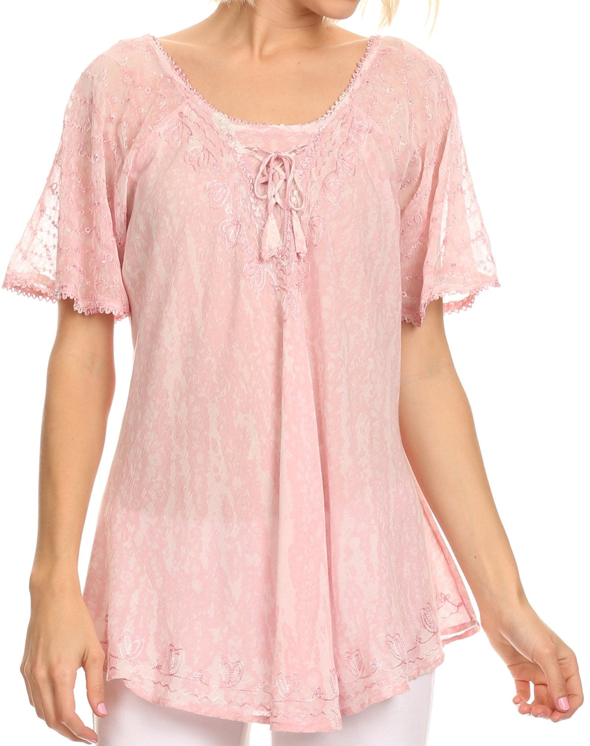 Sakkas Zoya Marbled Embroidery Cap Sleeves Blouse / Top