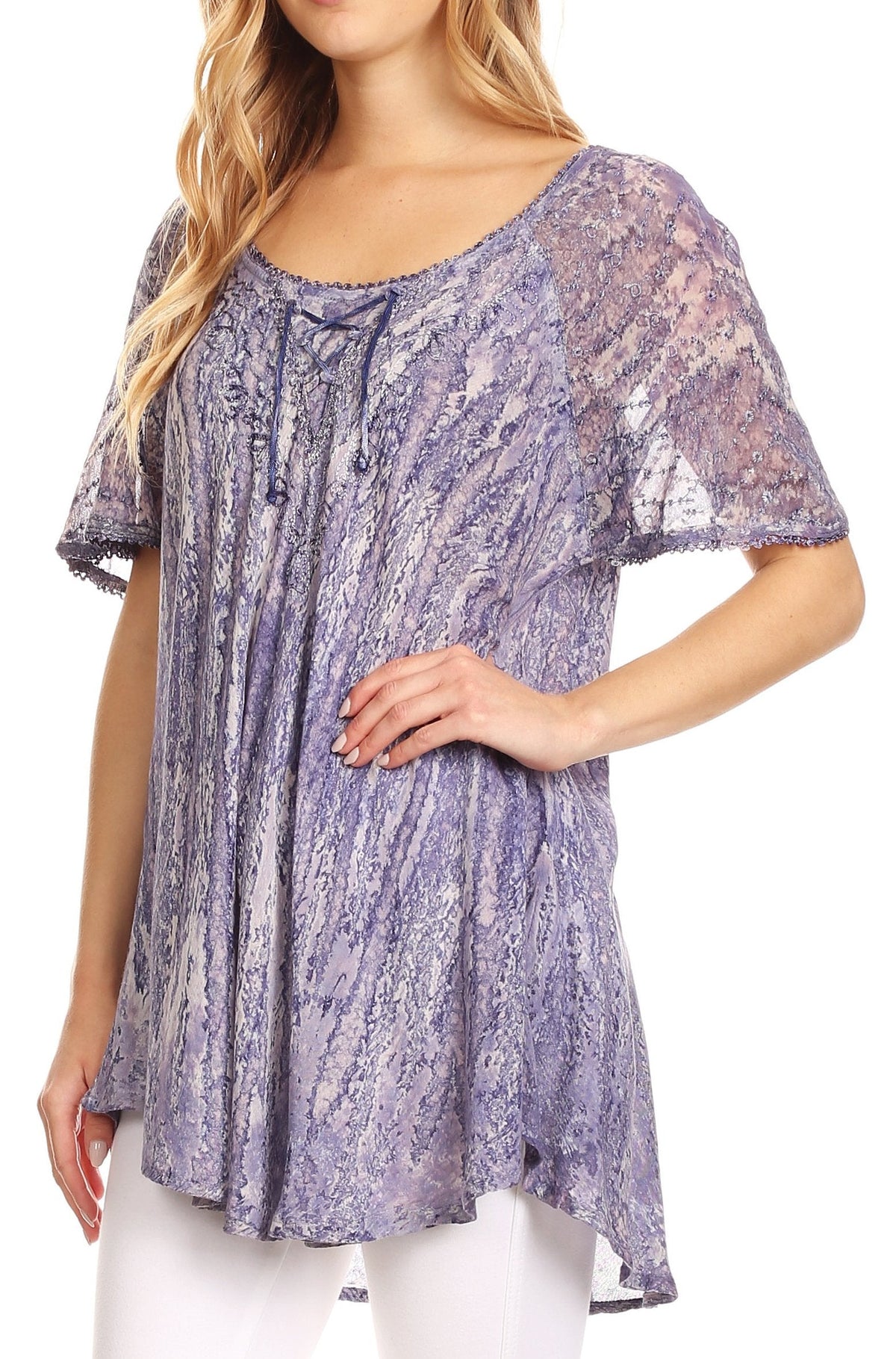 Sakkas Zoya Marbled Embroidery Cap Sleeves Blouse / Top