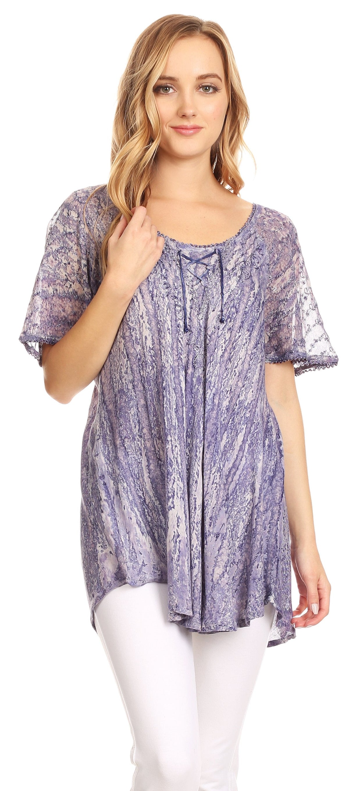 Sakkas Zoya Marbled Embroidery Cap Sleeves Blouse / Top