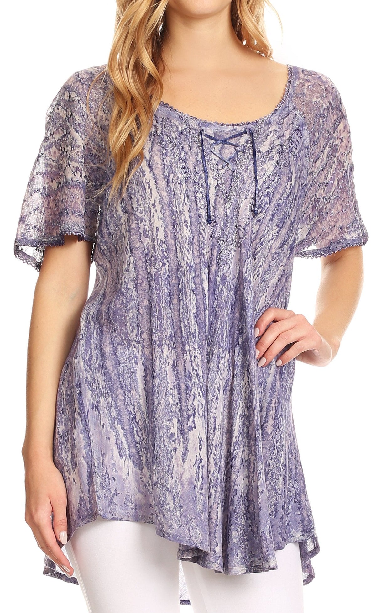 Sakkas Zoya Marbled Embroidery Cap Sleeves Blouse / Top
