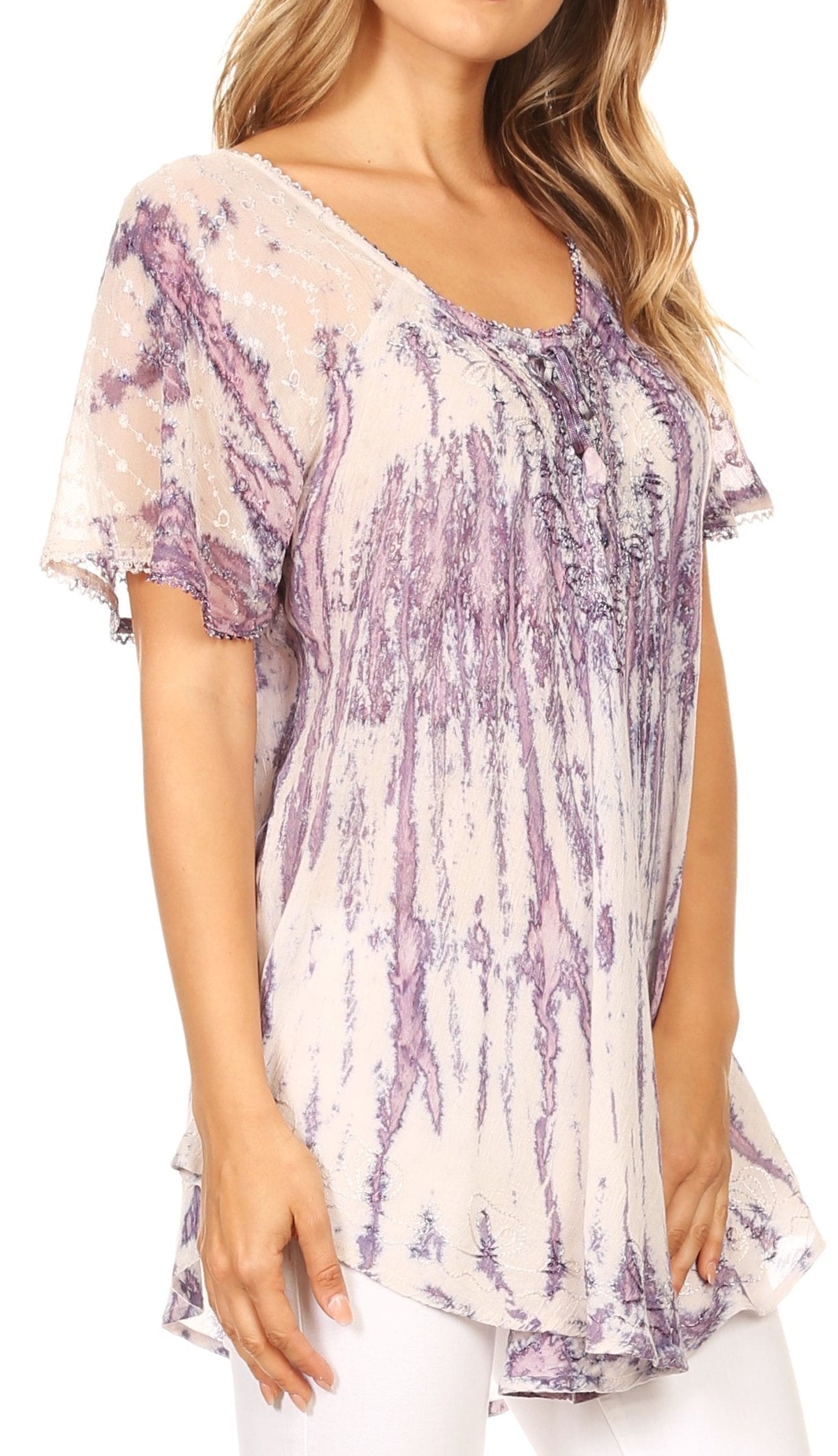 Sakkas Zoya Marbled Embroidery Cap Sleeves Blouse / Top