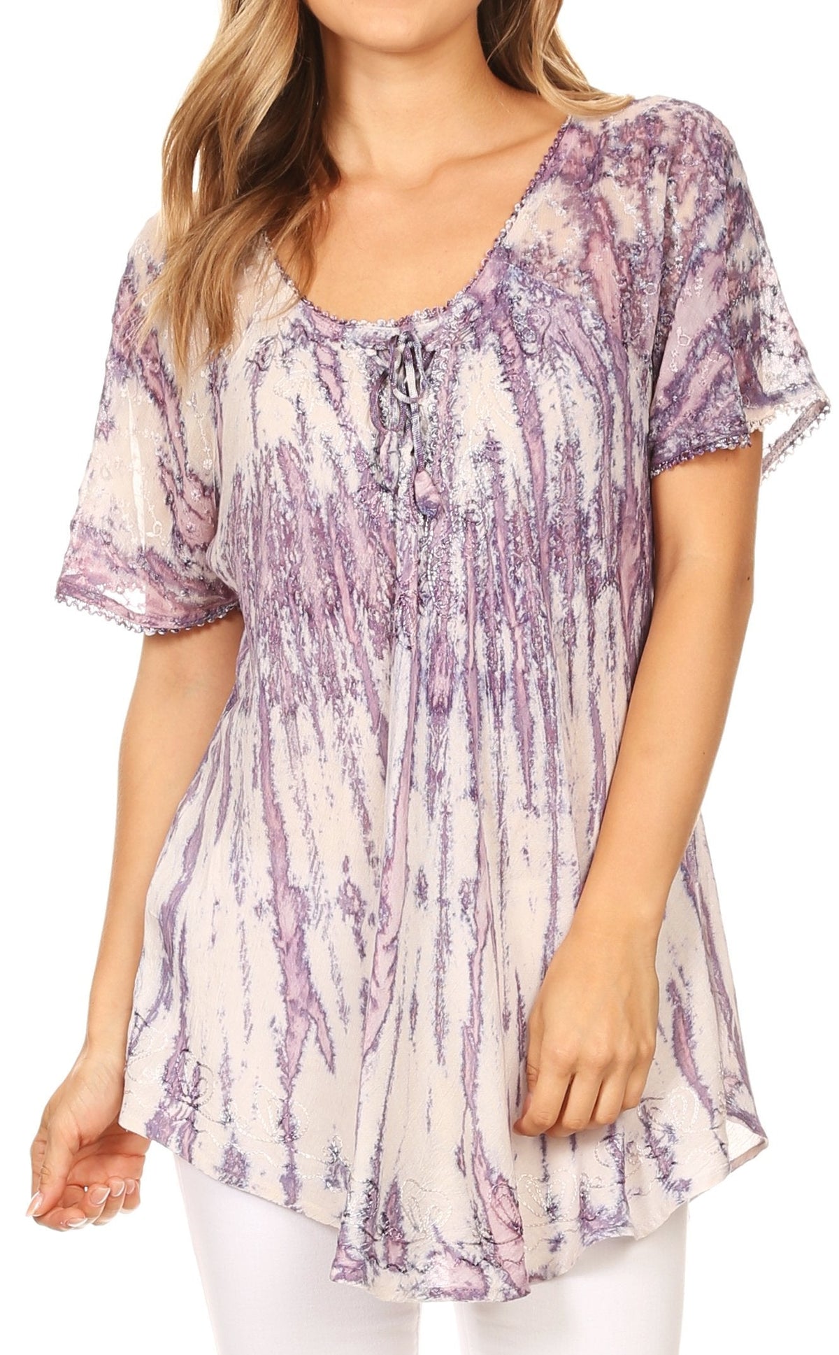 Sakkas Zoya Marbled Embroidery Cap Sleeves Blouse / Top