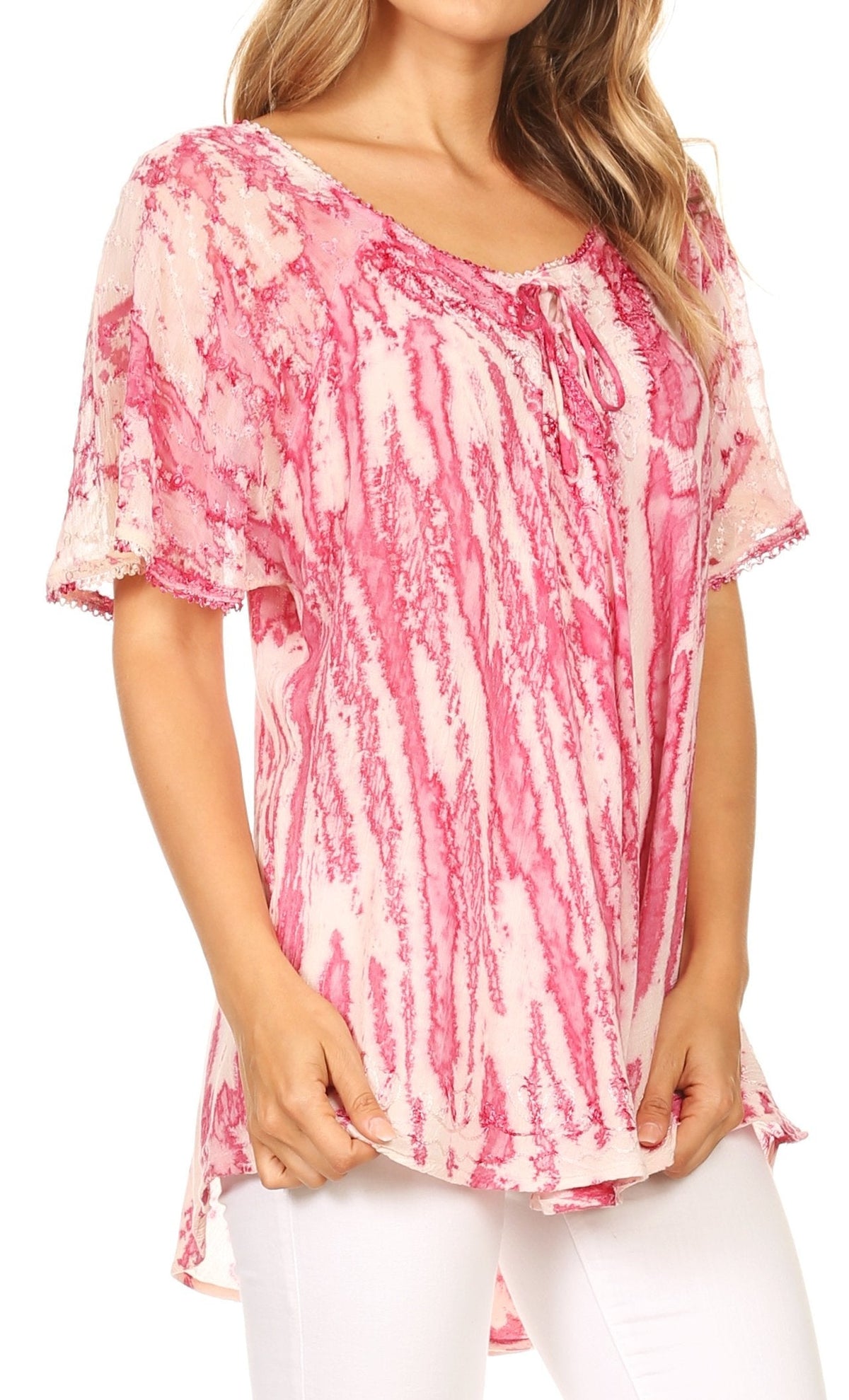 Sakkas Zoya Marbled Embroidery Cap Sleeves Blouse / Top