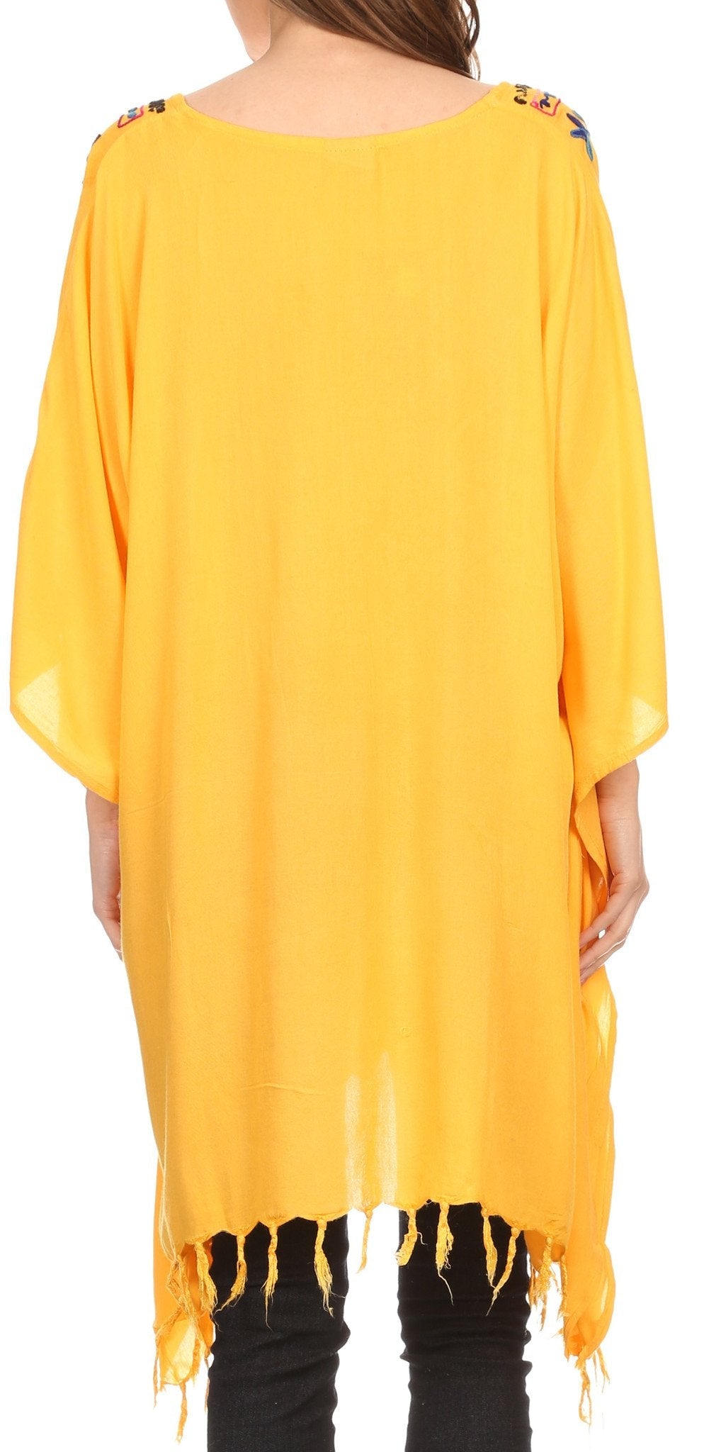 Sakkas Ballary Embroidered Square Poncho Top Open Sleeves Cover Up With Fringe