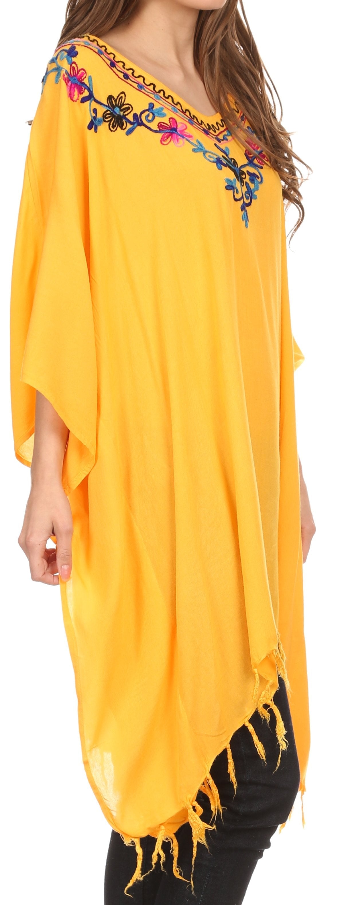 Sakkas Ballary Embroidered Square Poncho Top Open Sleeves Cover Up With Fringe