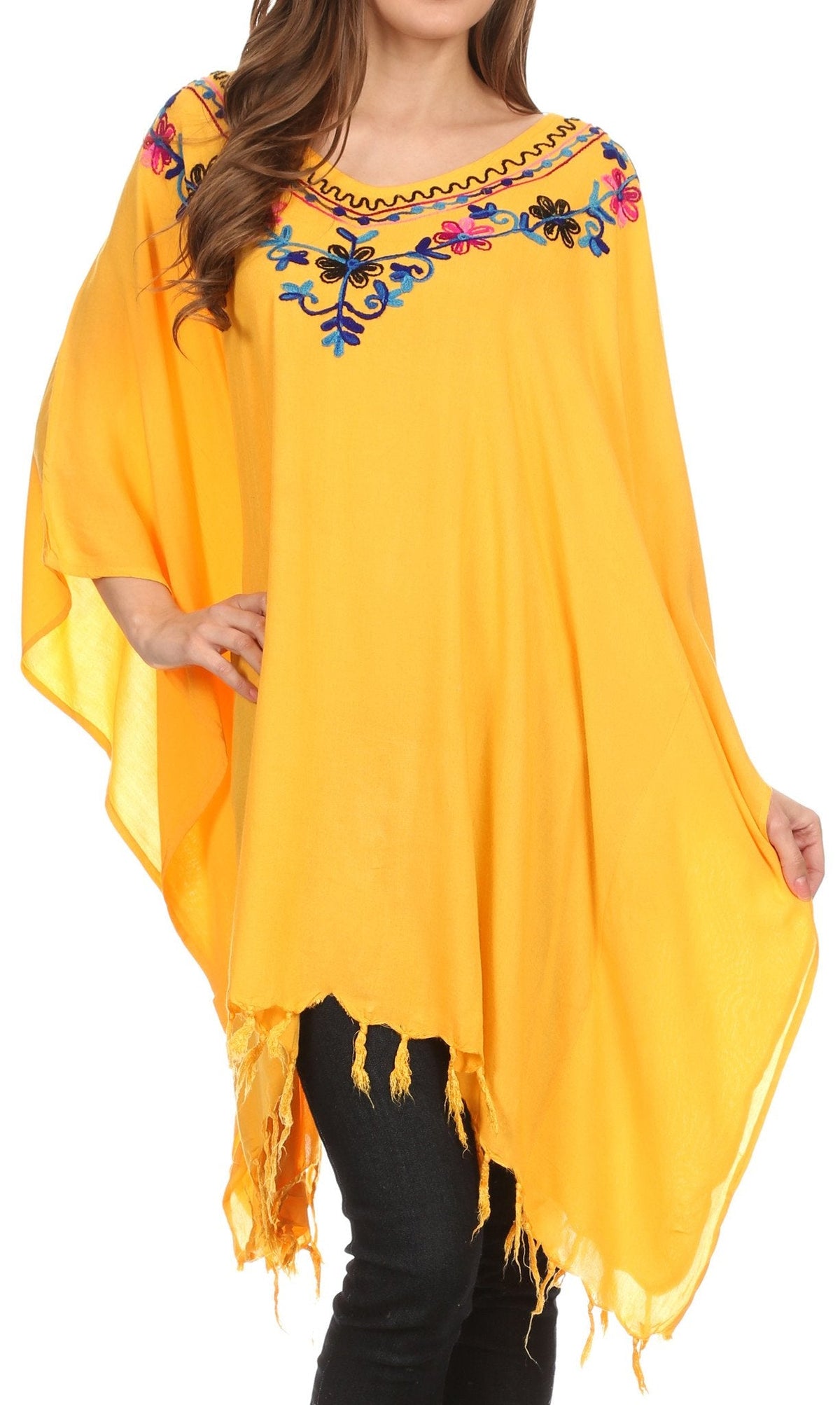Sakkas Ballary Embroidered Square Poncho Top Open Sleeves Cover Up With Fringe