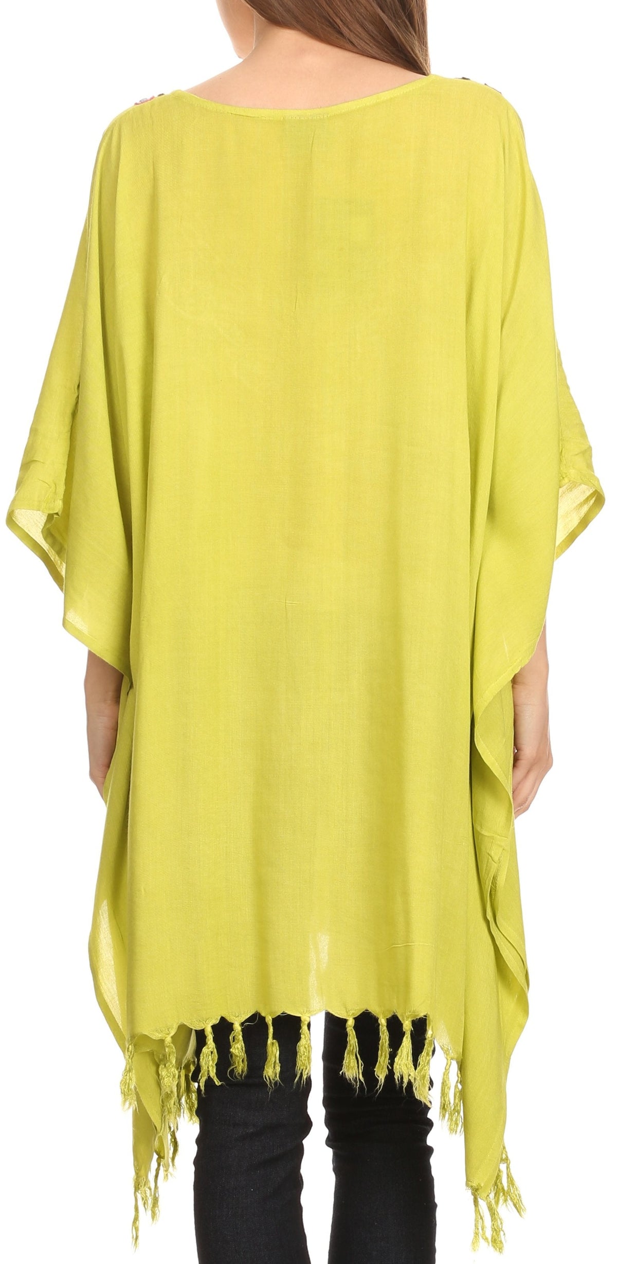 Sakkas Ballary Embroidered Square Poncho Top Open Sleeves Cover Up With Fringe