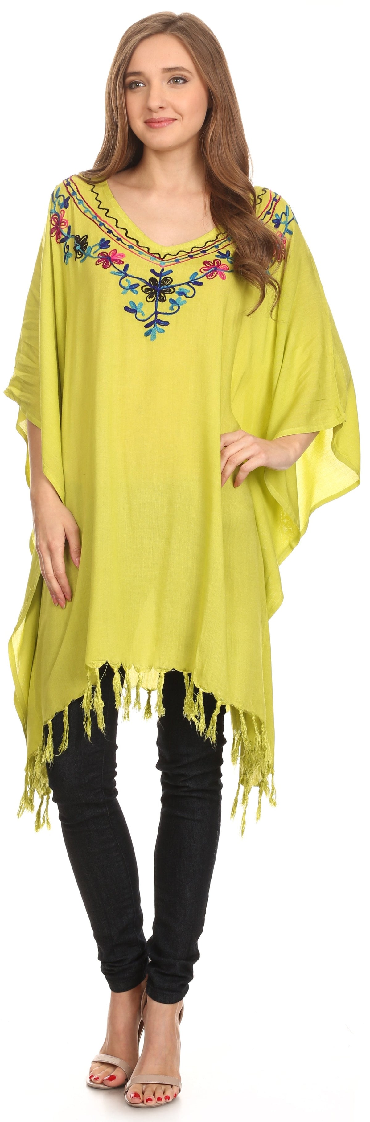 Sakkas Ballary Embroidered Square Poncho Top Open Sleeves Cover Up With Fringe