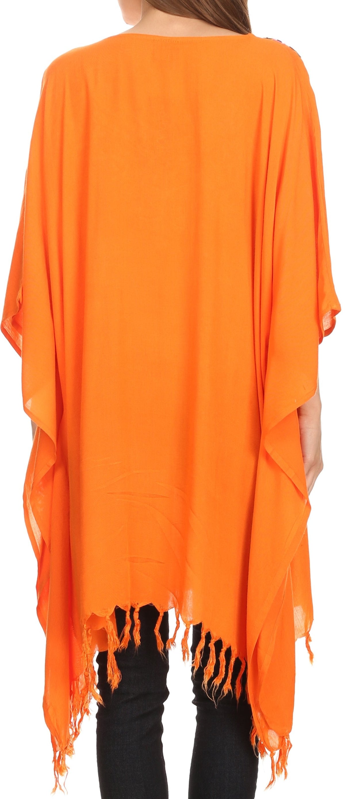 Sakkas Ballary Embroidered Square Poncho Top Open Sleeves Cover Up With Fringe