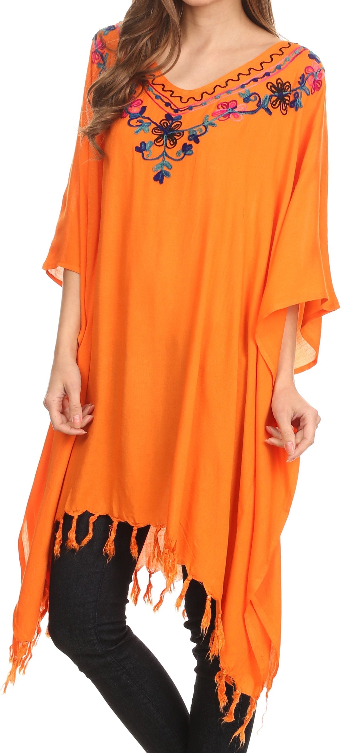 Sakkas Ballary Embroidered Square Poncho Top Open Sleeves Cover Up With Fringe