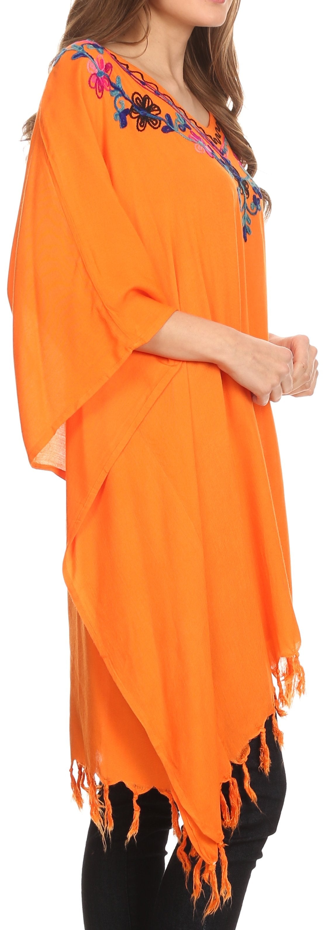 Sakkas Ballary Embroidered Square Poncho Top Open Sleeves Cover Up With Fringe