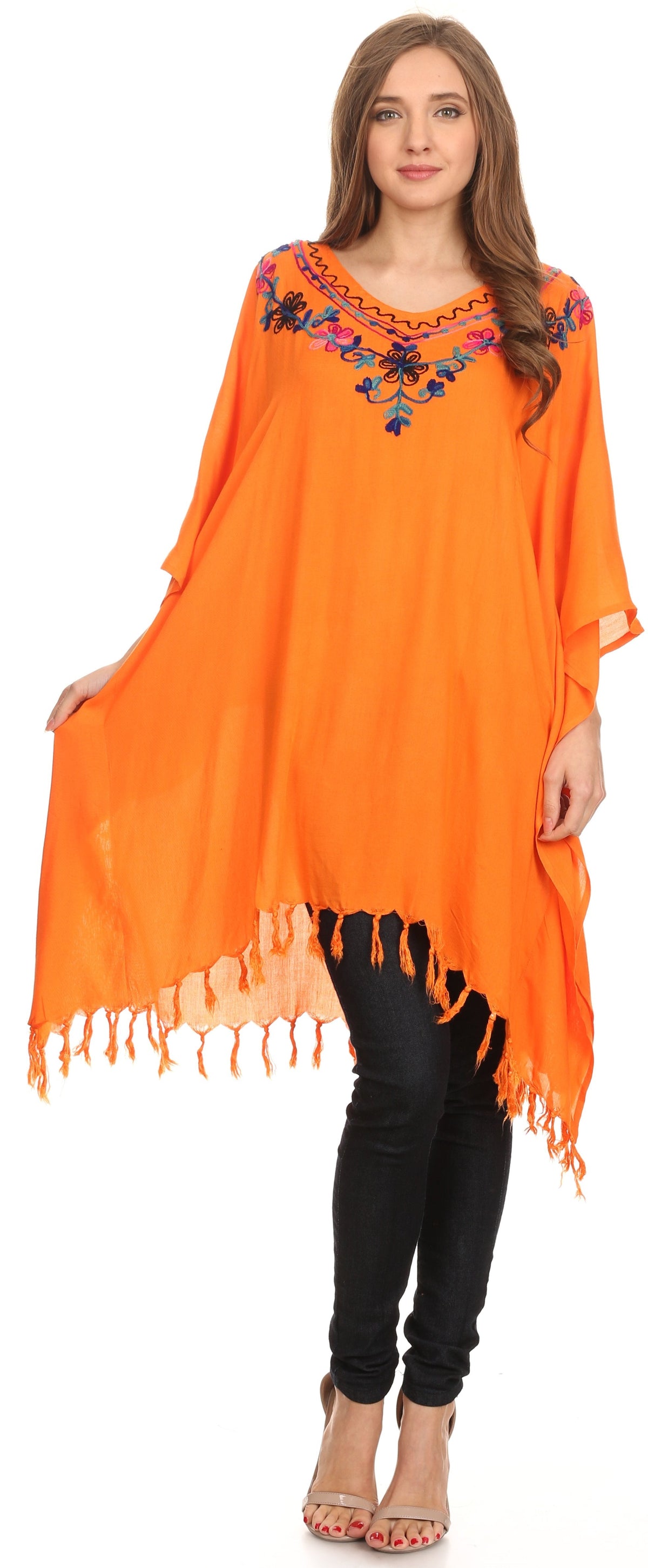 Sakkas Ballary Embroidered Square Poncho Top Open Sleeves Cover Up With Fringe