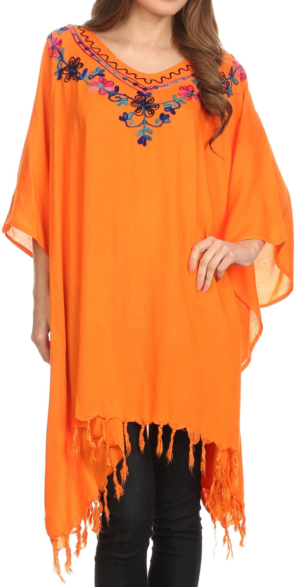 Sakkas Ballary Embroidered Square Poncho Top Open Sleeves Cover Up With Fringe