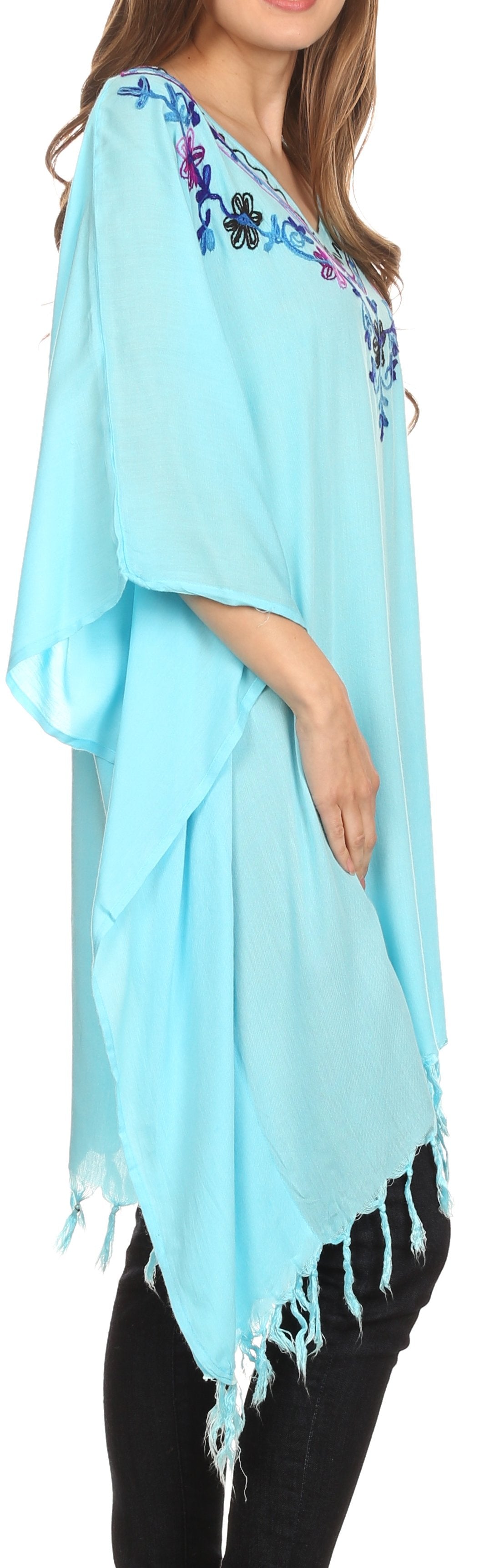 Sakkas Ballary Embroidered Square Poncho Top Open Sleeves Cover Up With Fringe