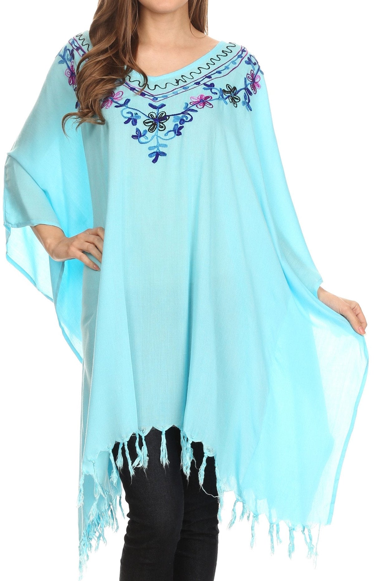Sakkas Ballary Embroidered Square Poncho Top Open Sleeves Cover Up With Fringe
