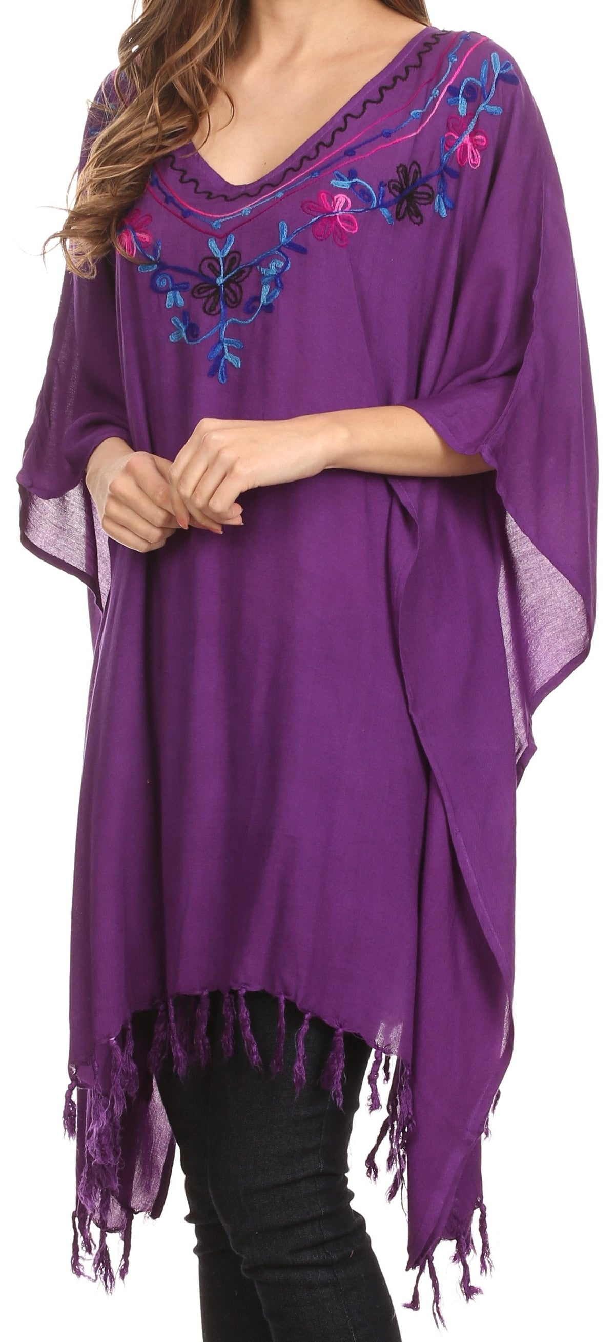Sakkas Ballary Embroidered Square Poncho Top Open Sleeves Cover Up With Fringe
