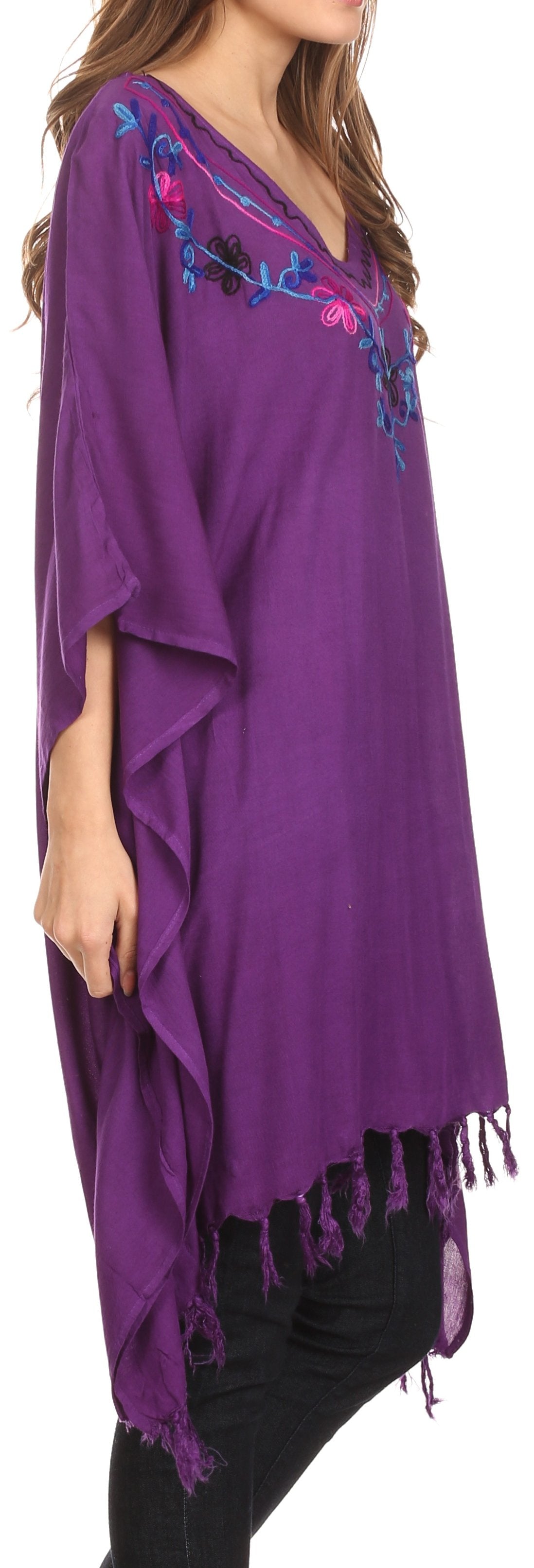 Sakkas Ballary Embroidered Square Poncho Top Open Sleeves Cover Up With Fringe