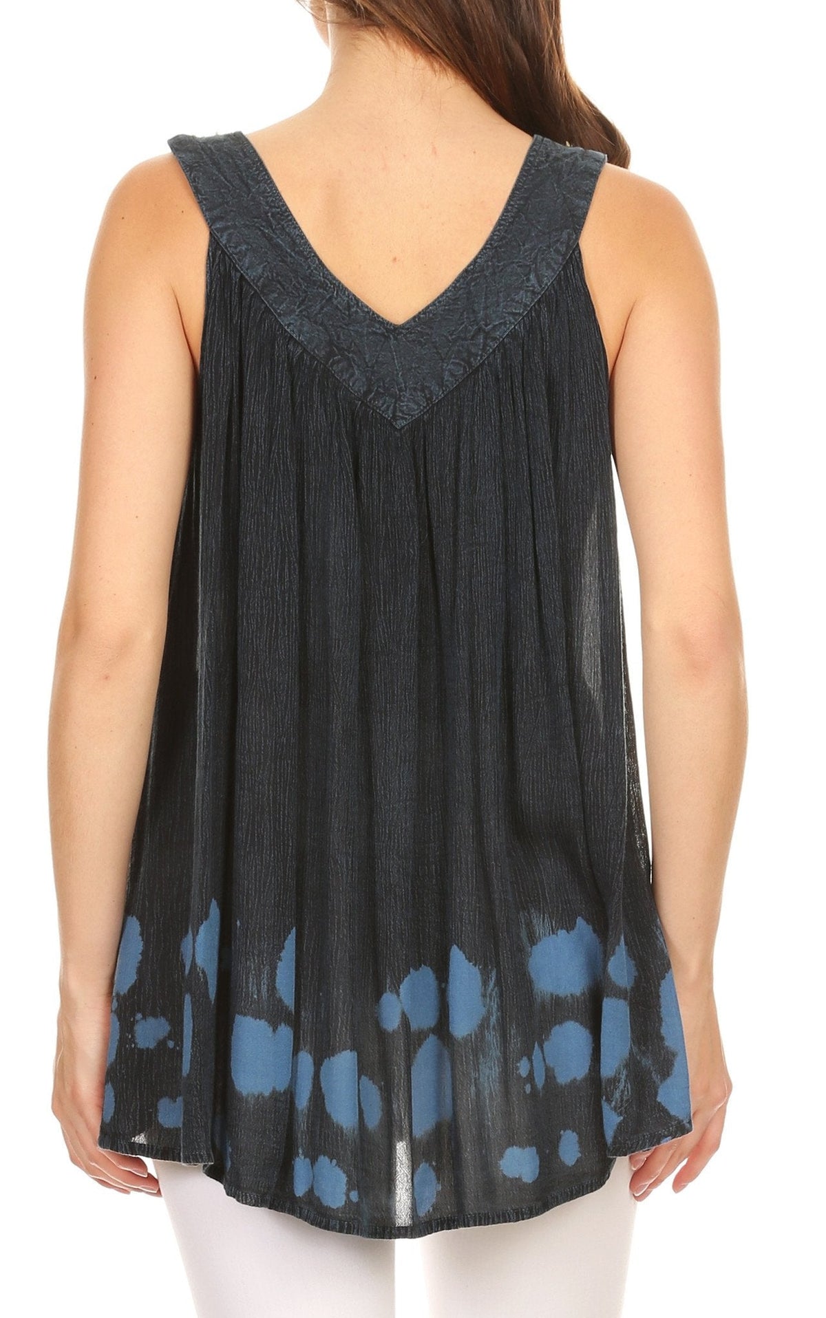 Sakkas Laura V Neck Sleeveless soft crinkled Stonewash Top Blouse with Embroidery