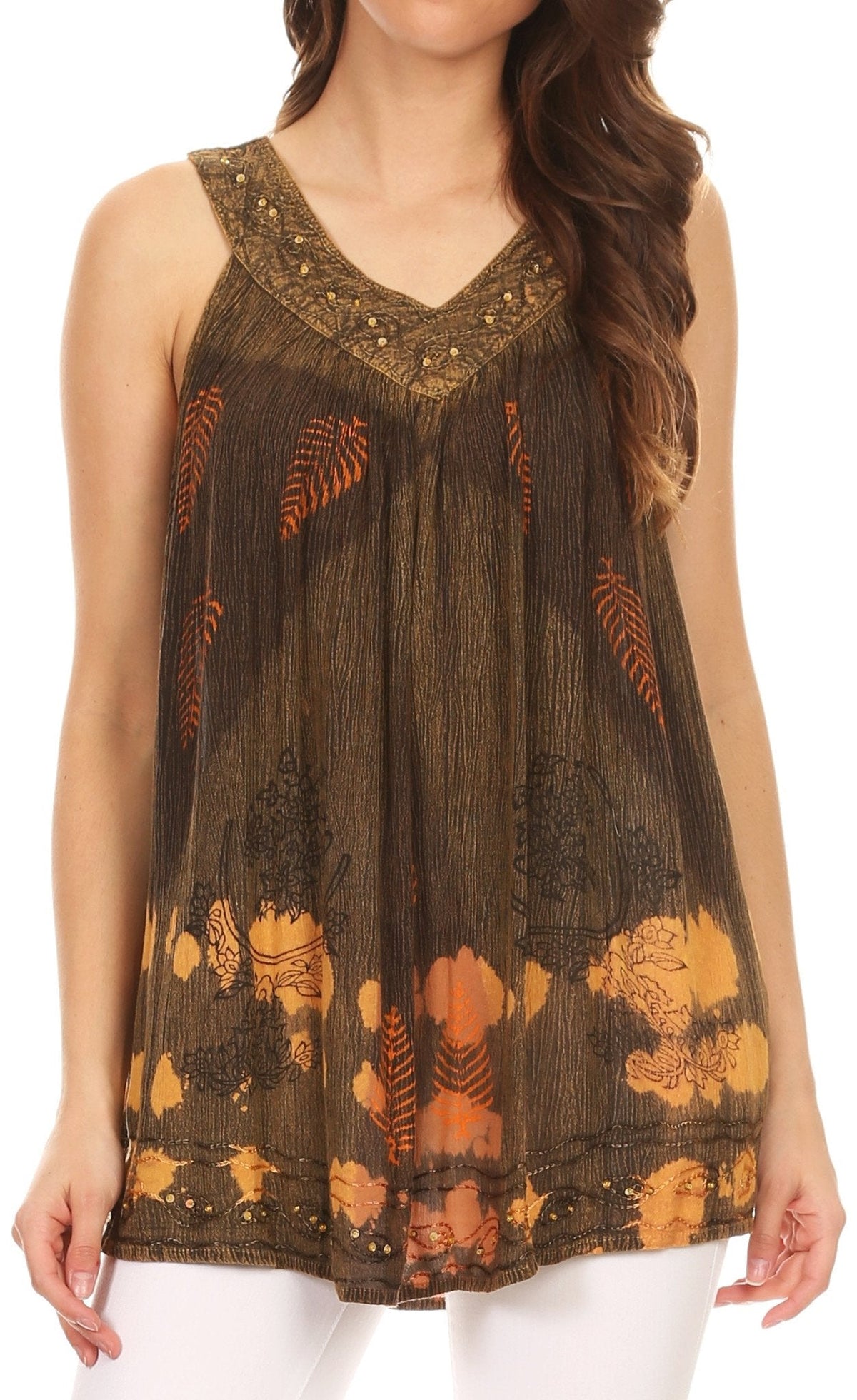 Sakkas Laura V Neck Sleeveless soft crinkled Stonewash Top Blouse with Embroidery
