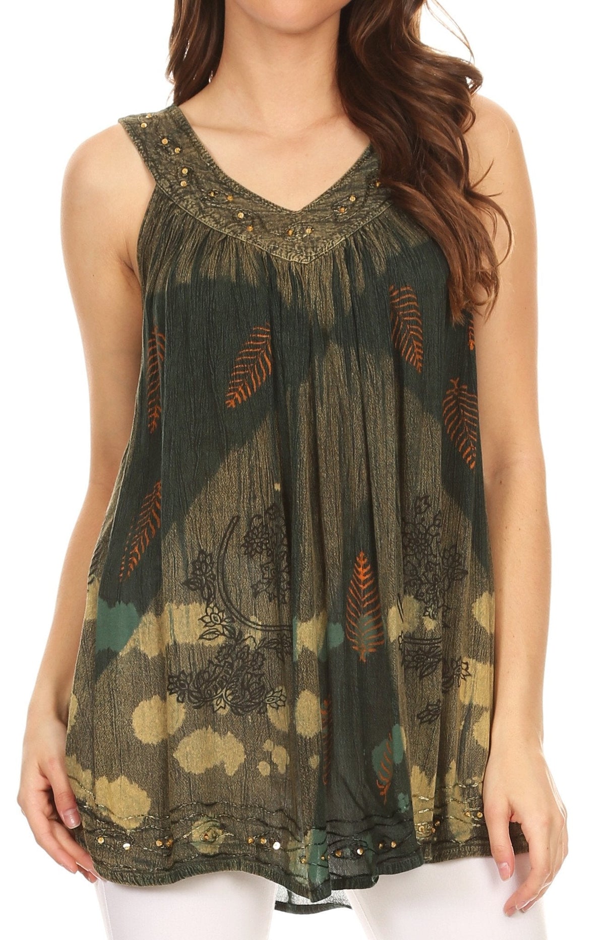 Sakkas Laura V Neck Sleeveless soft crinkled Stonewash Top Blouse with Embroidery
