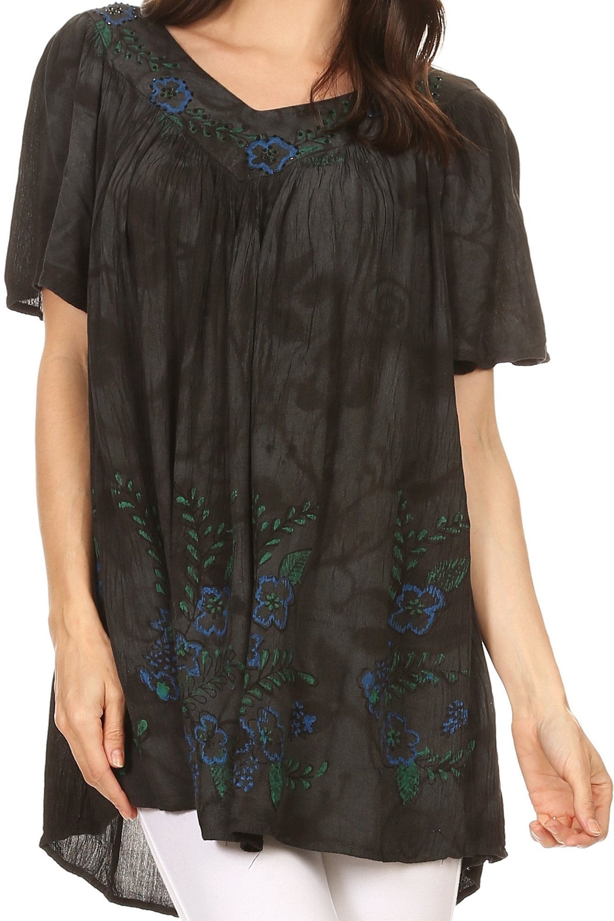 Sakkas Kyla Relaxed Fit Floral Sequin Embroidered V-neck Cap Sleeve Blouse / Top