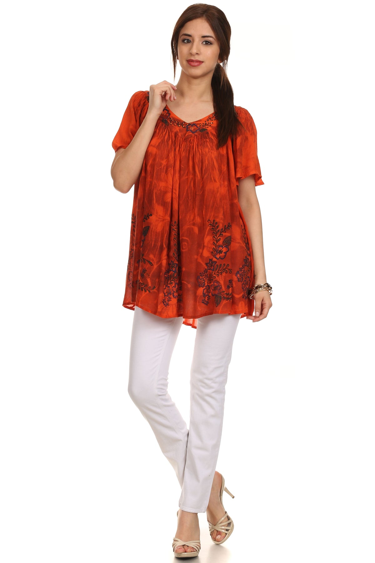 Sakkas Kyla Relaxed Fit Floral Sequin Embroidered V-neck Cap Sleeve Blouse / Top