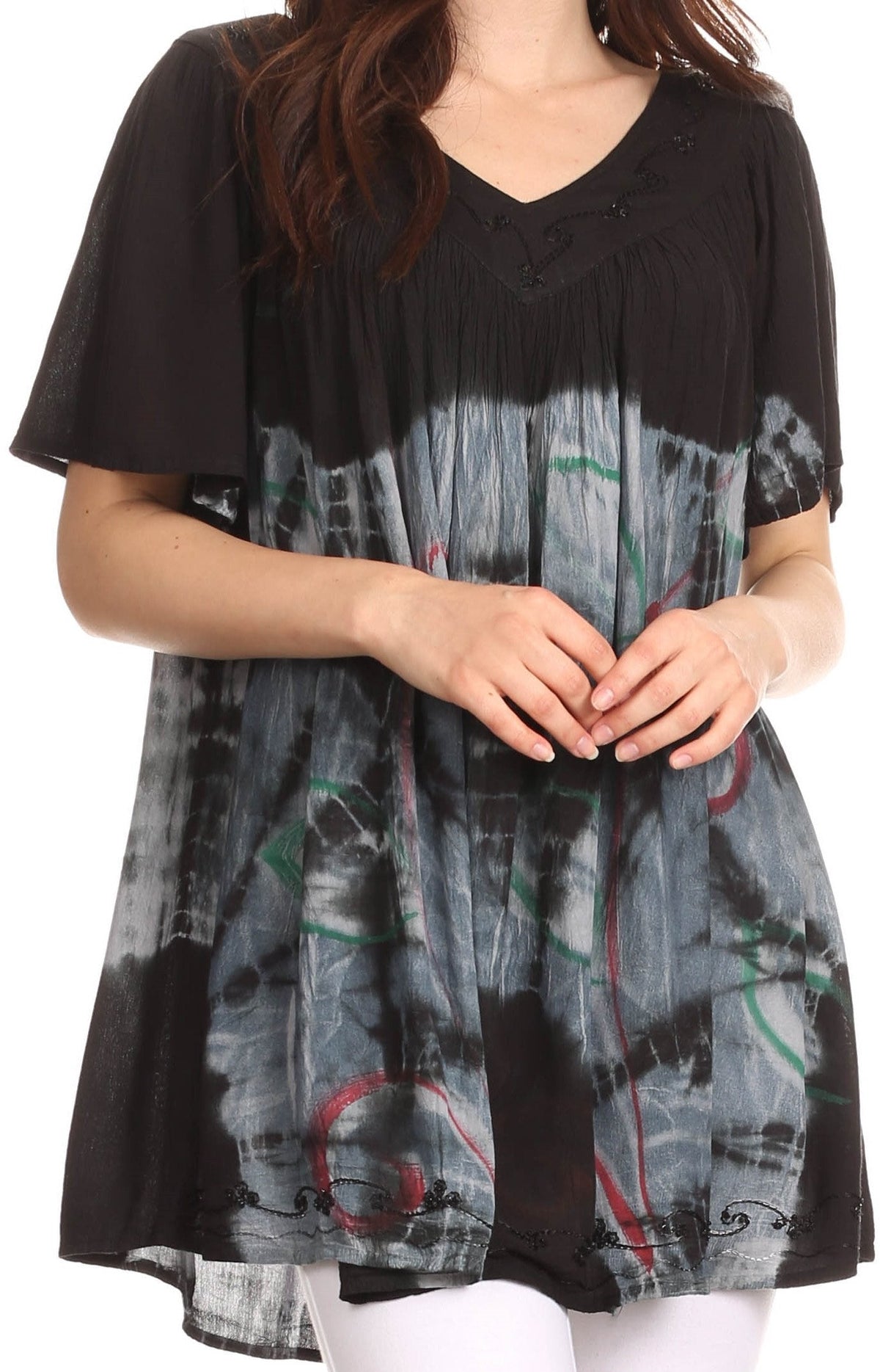 Sakkas Nia Tie Dye Sequin Embroidered V-Neck Cap Sleeve Blouse / Top