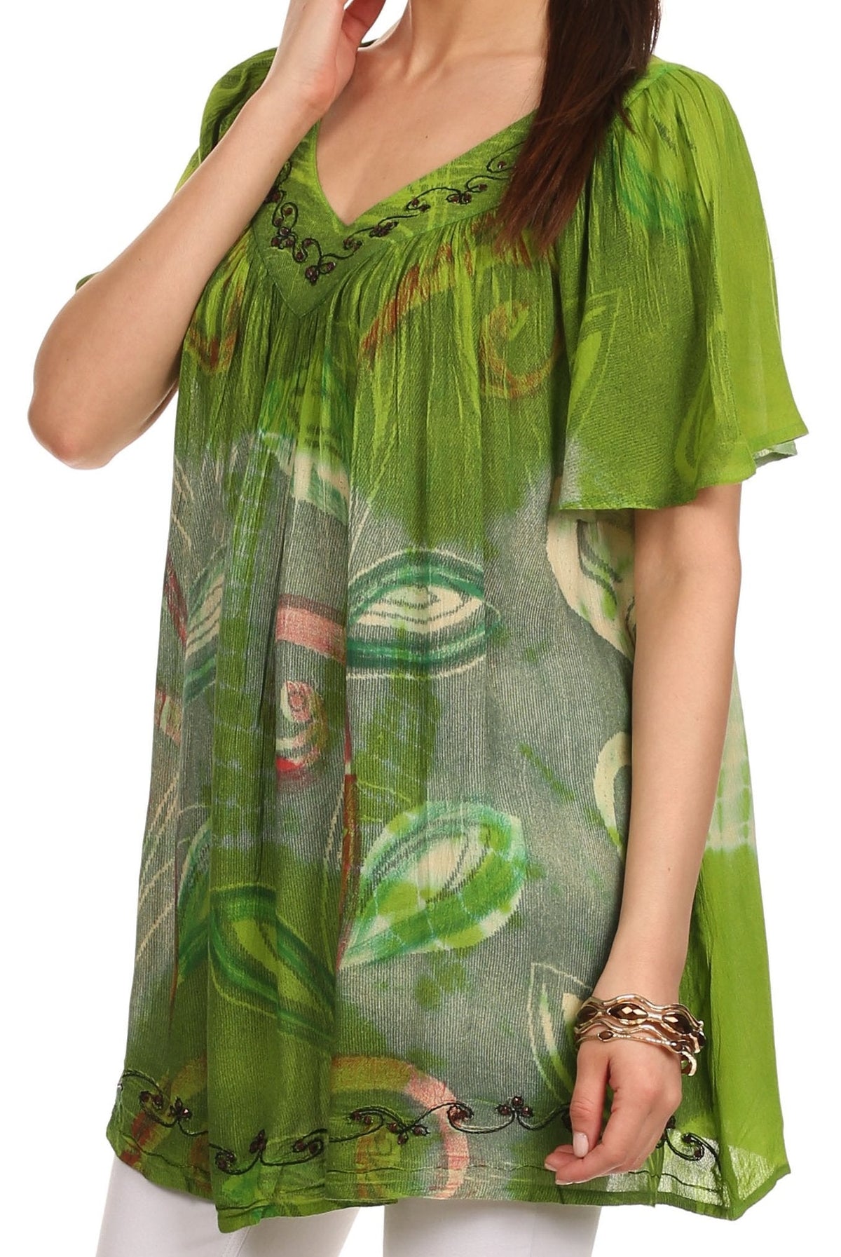 Sakkas Nia Tie Dye Sequin Embroidered V-Neck Cap Sleeve Blouse / Top