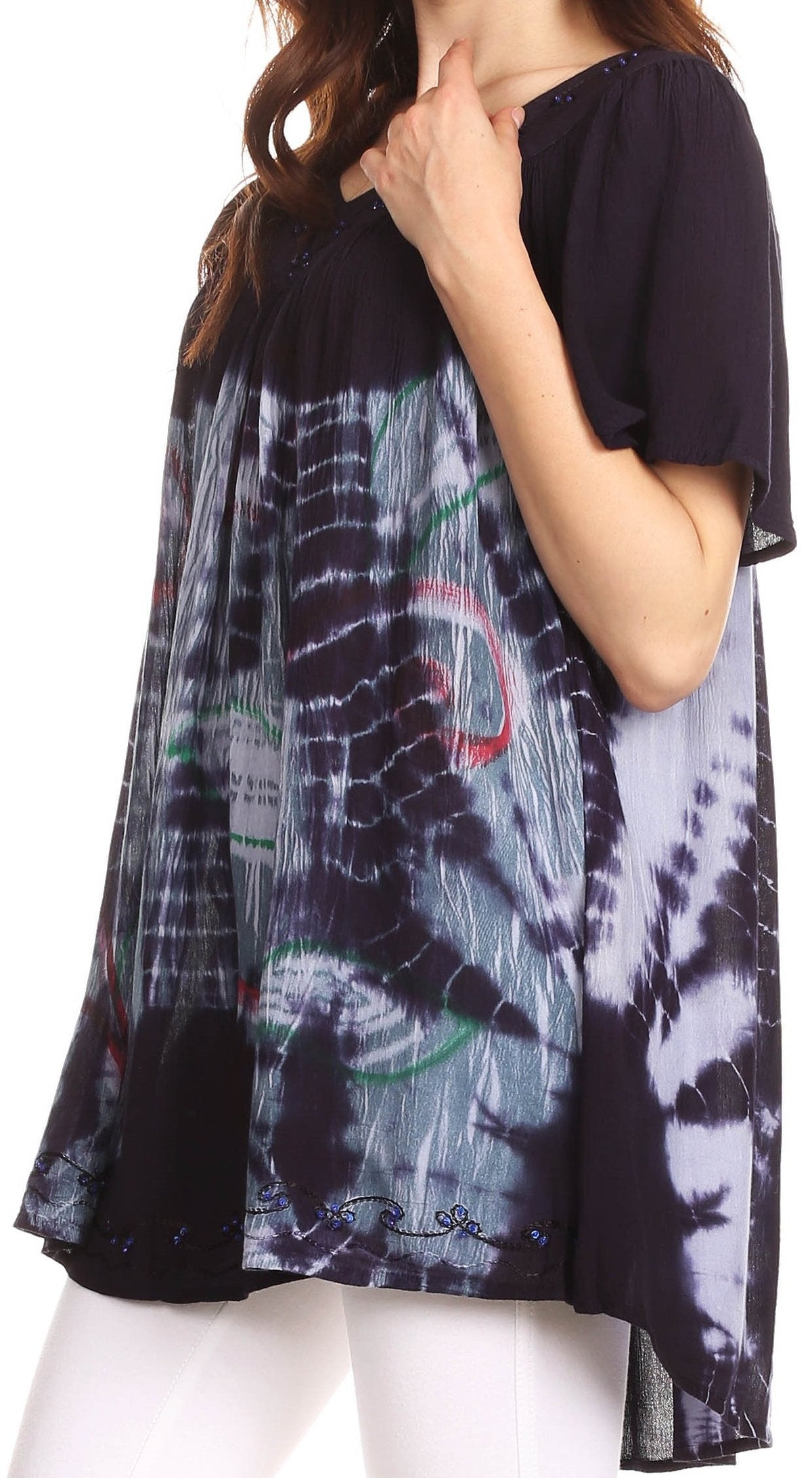 Sakkas Nia Tie Dye Sequin Embroidered V-Neck Cap Sleeve Blouse / Top