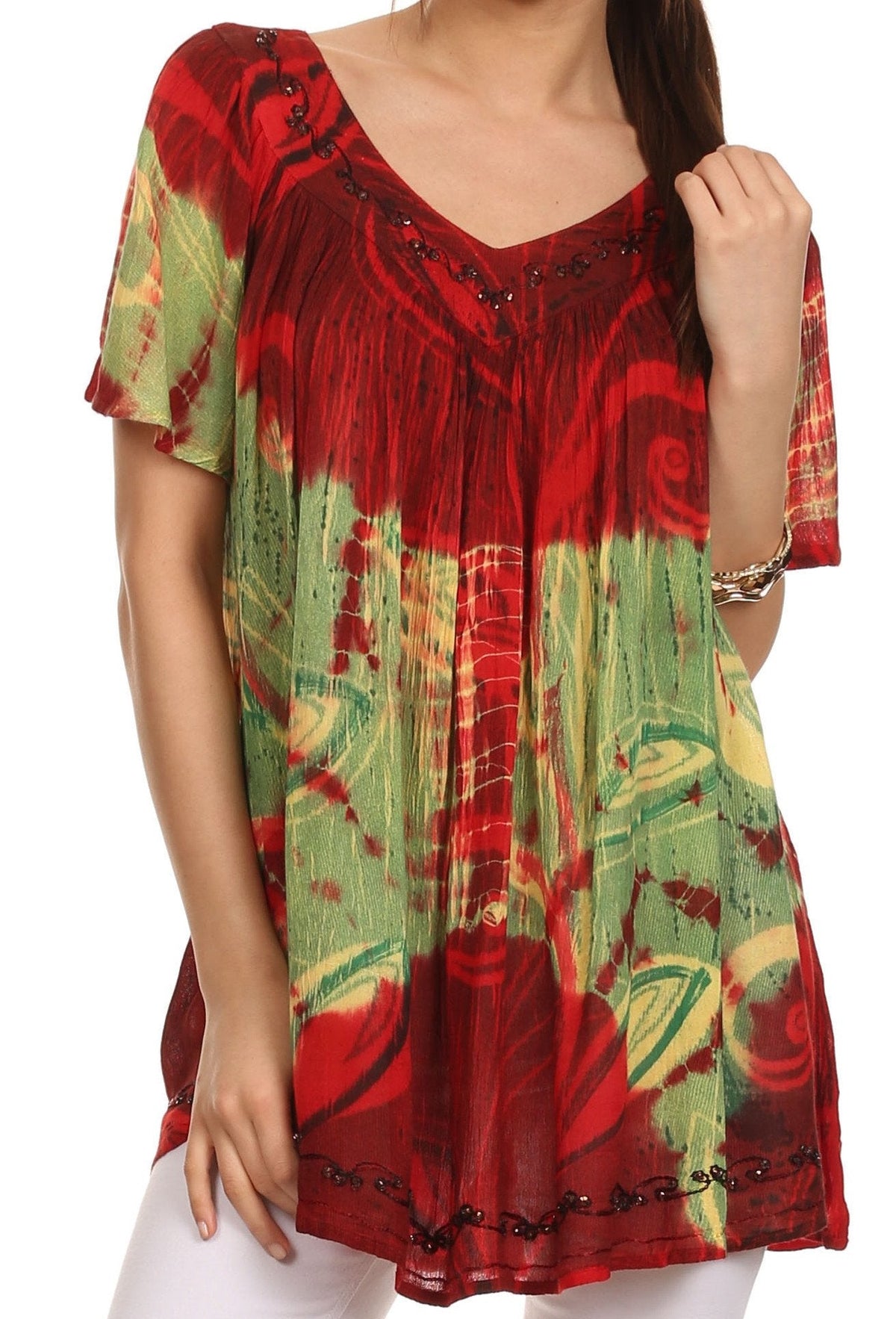 Sakkas Nia Tie Dye Sequin Embroidered V-Neck Cap Sleeve Blouse / Top