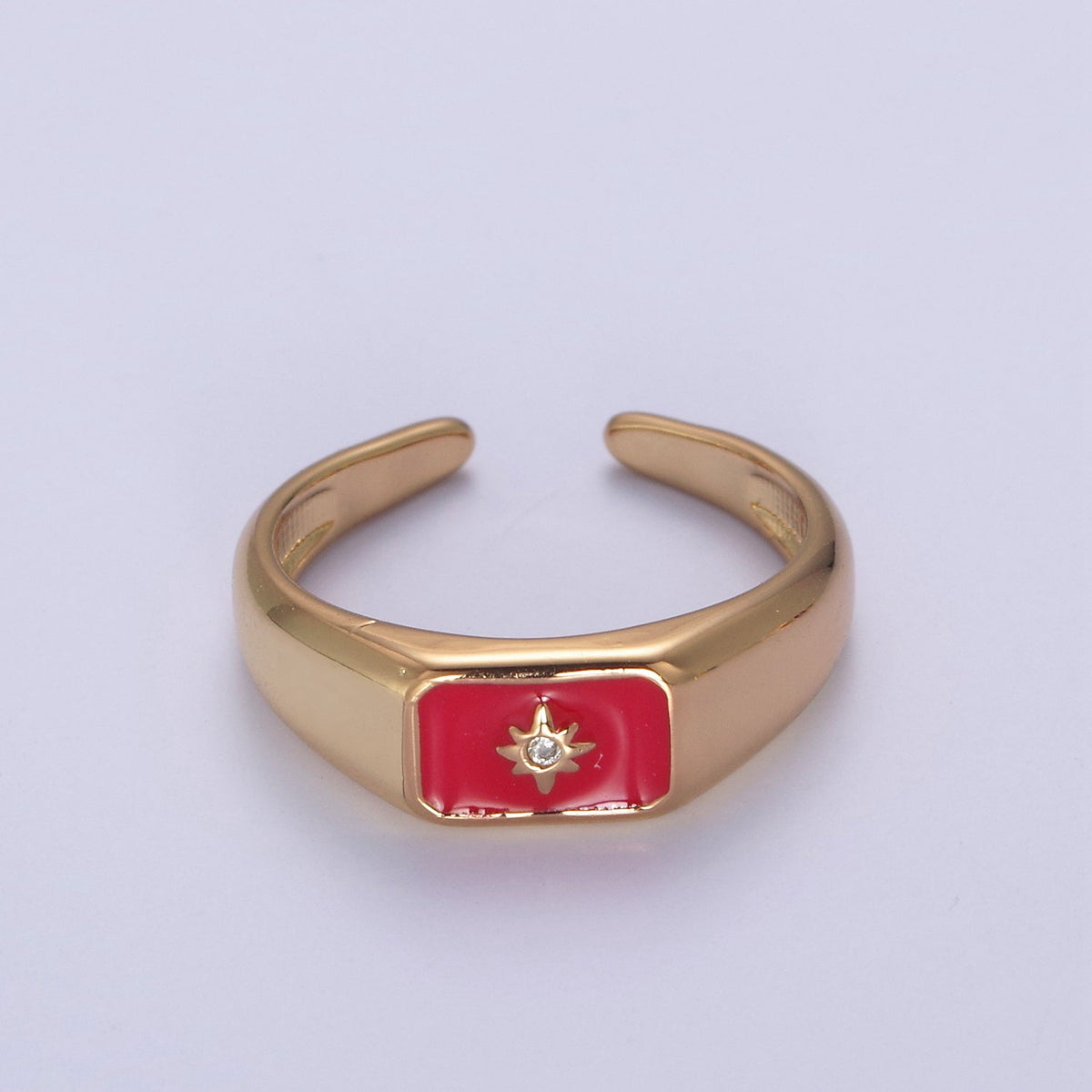 24K Gold Filled Black, Pink, Red, Purple Enamel CZ North Star Rectangle Signet Ring | U509 - U513