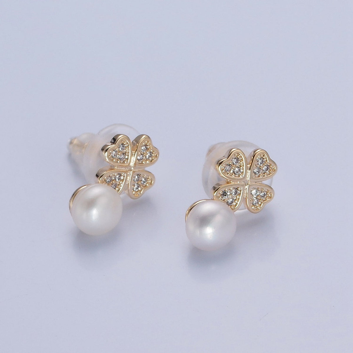 Gold White, Purple, Pink Shell Pearl Micro Paved CZ Clover Stud Earrings | V379 - V381