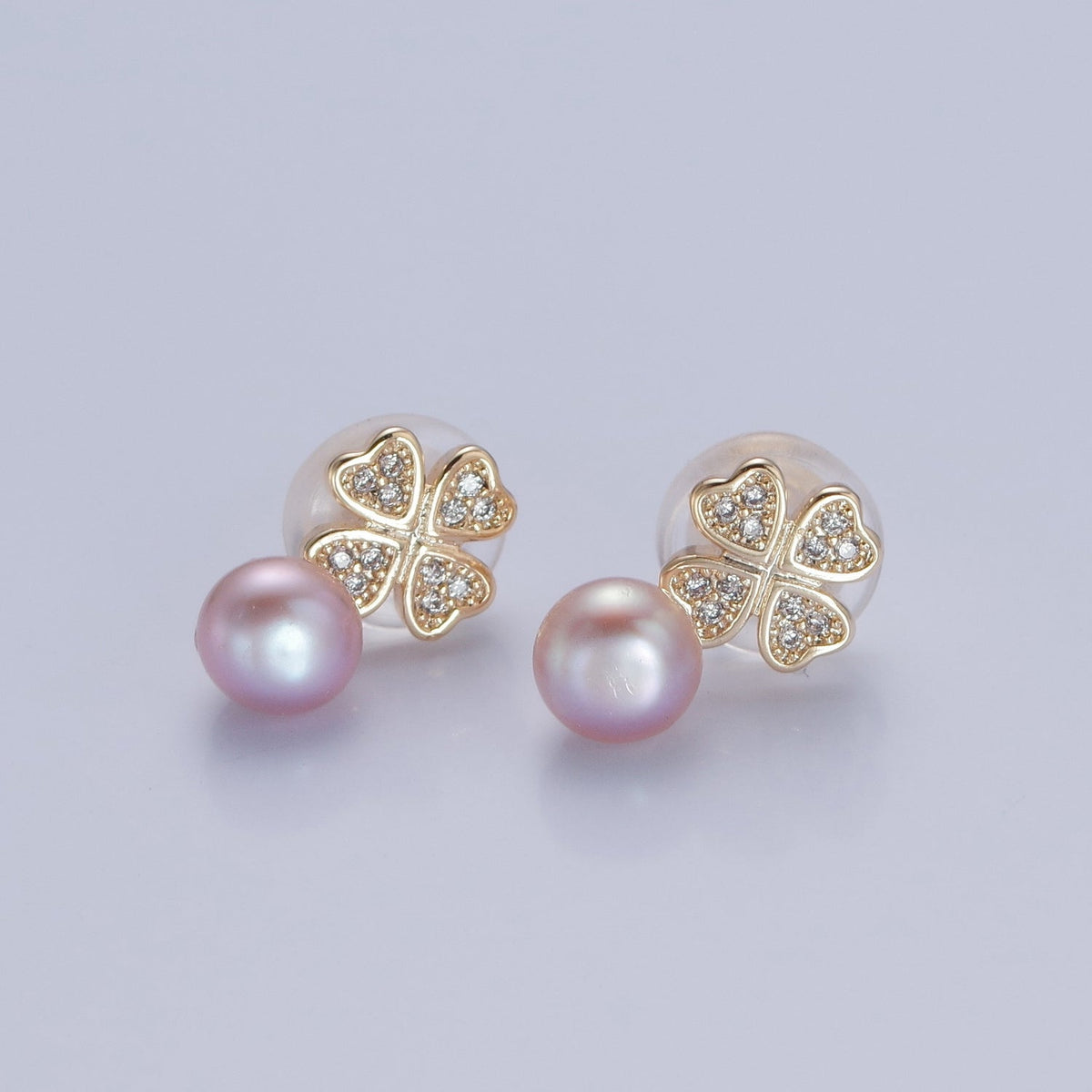 Gold White, Purple, Pink Shell Pearl Micro Paved CZ Clover Stud Earrings | V379 - V381