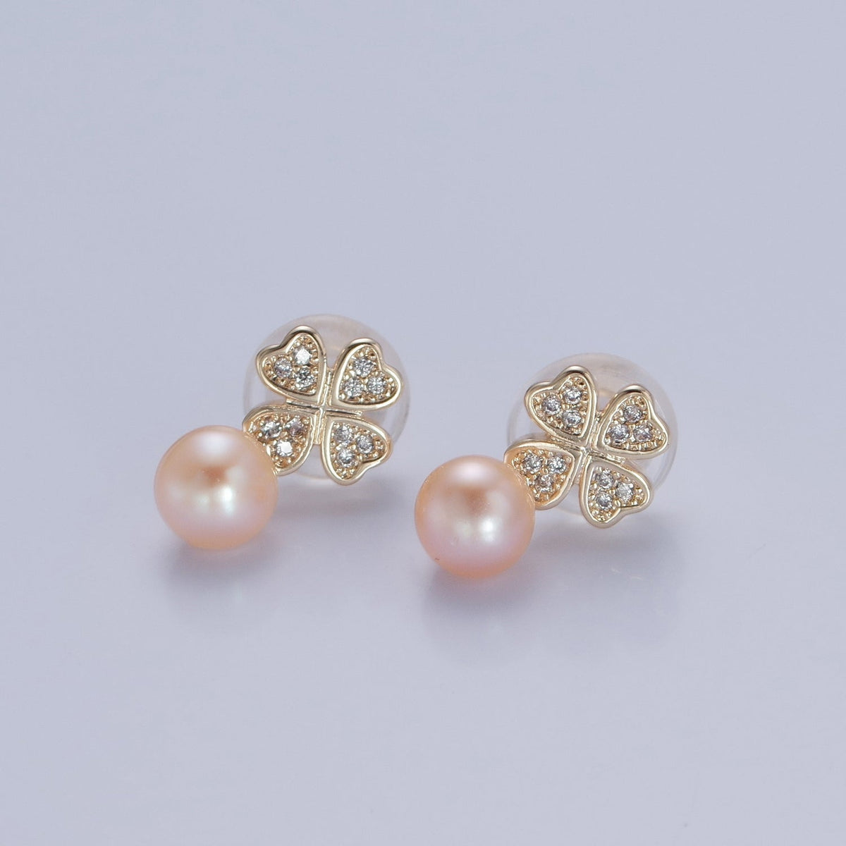Gold White, Purple, Pink Shell Pearl Micro Paved CZ Clover Stud Earrings | V379 - V381