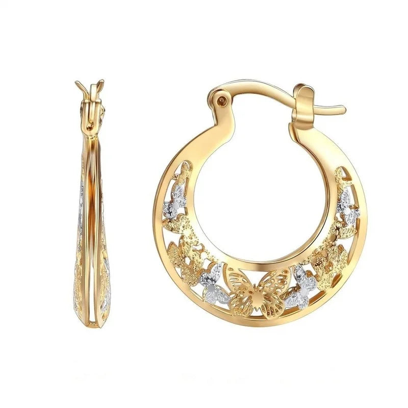 Vintage Metal Hand Engraved Butterfly Pattern Hoop Earrings Classic Women&