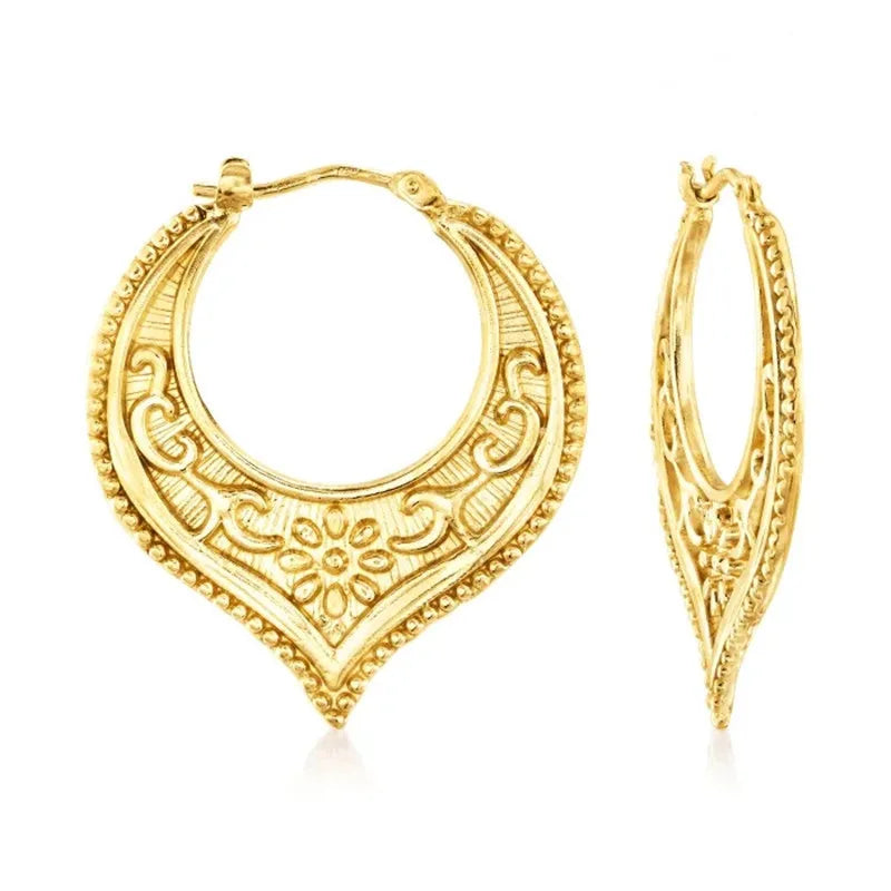 Vintage Metal Hand Engraved Butterfly Pattern Hoop Earrings Classic Women&