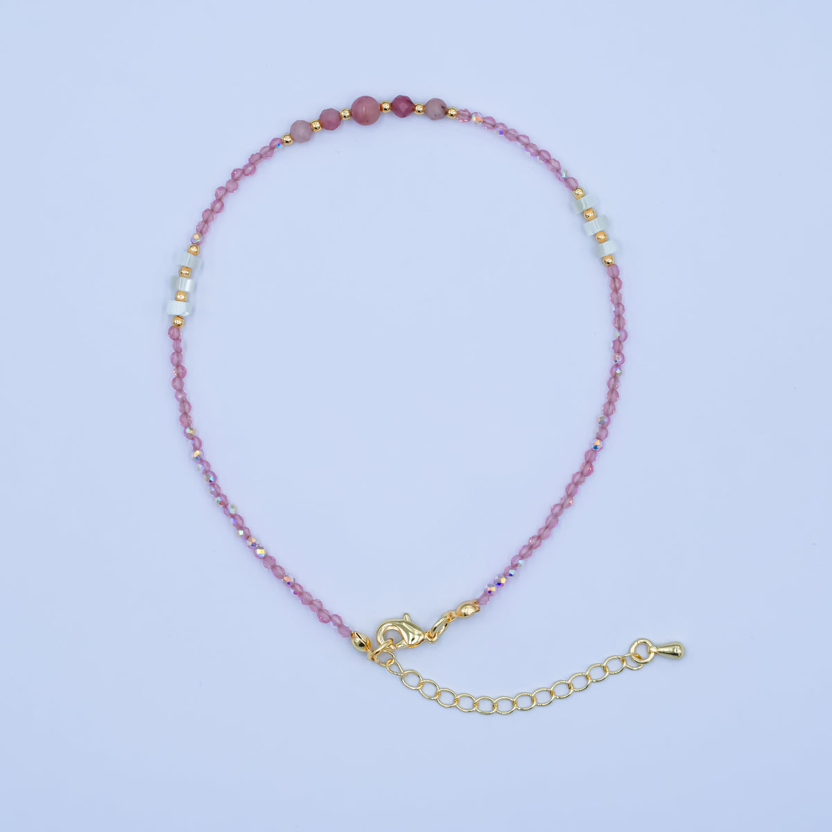 24K Gold Filled 2mm Shell Pearl Pink Quartz Multifaceted Gemstone 9 Inch Anklet Bracelet | WA-2945