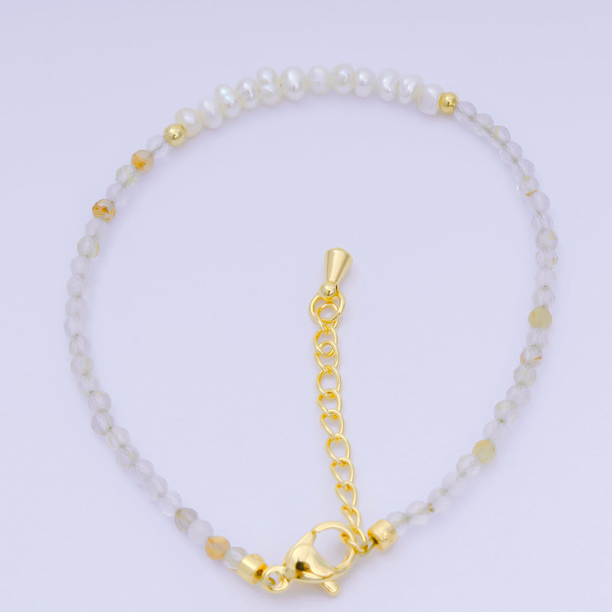 24K Gold Filled Shell Pearl Multifaceted Natural Gemstone Bead 6.69 Inch Bracelet w. Extender | WA-03695 ~ WA-03717