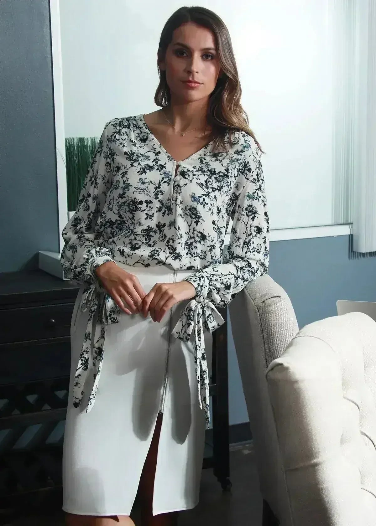 Ivory Floral V-neck Tie Cuff In Garden Blouse | Femstylo
