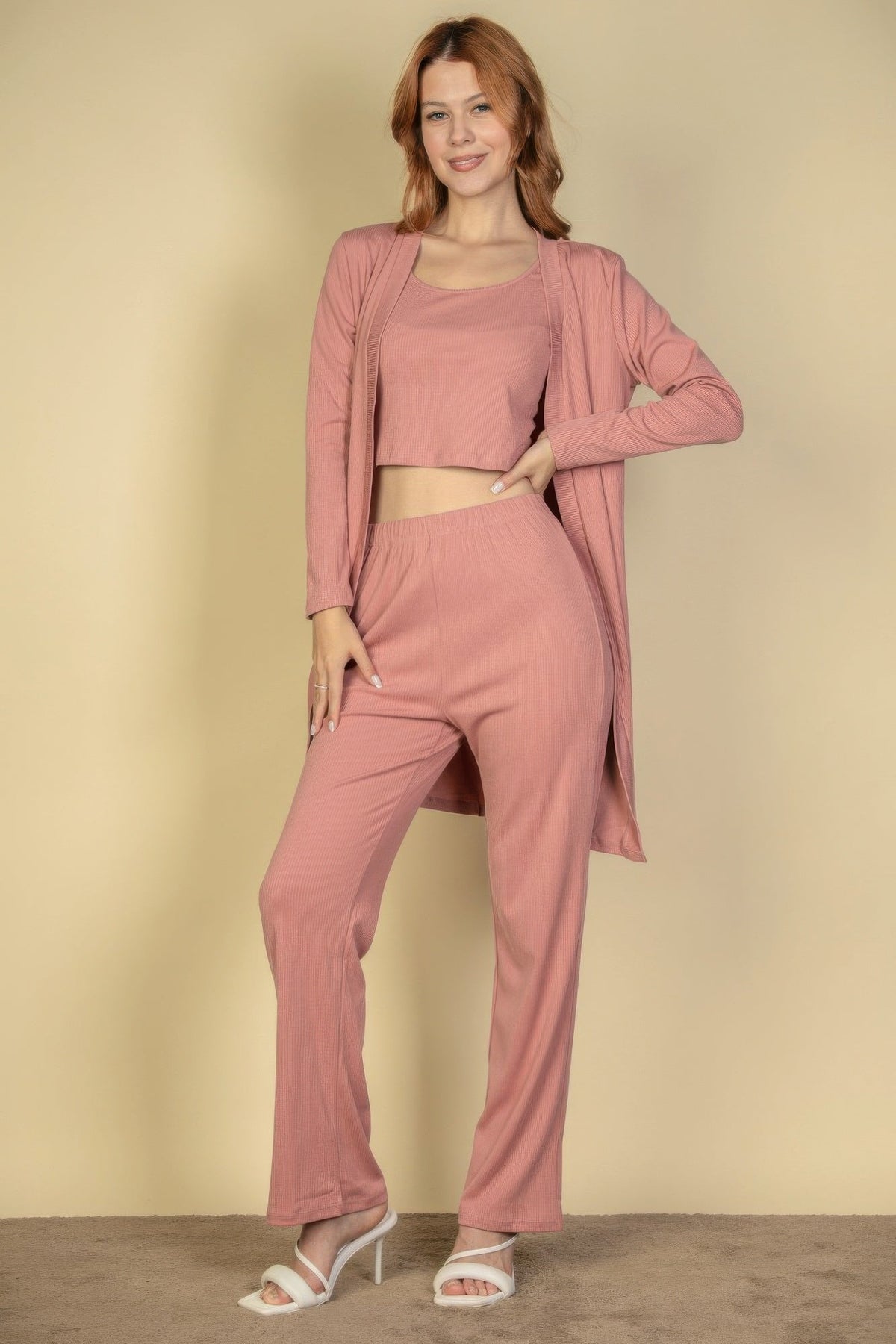 Flat Back Rib 3 Pieces Cami Top With Pants And Long Cardigan Set