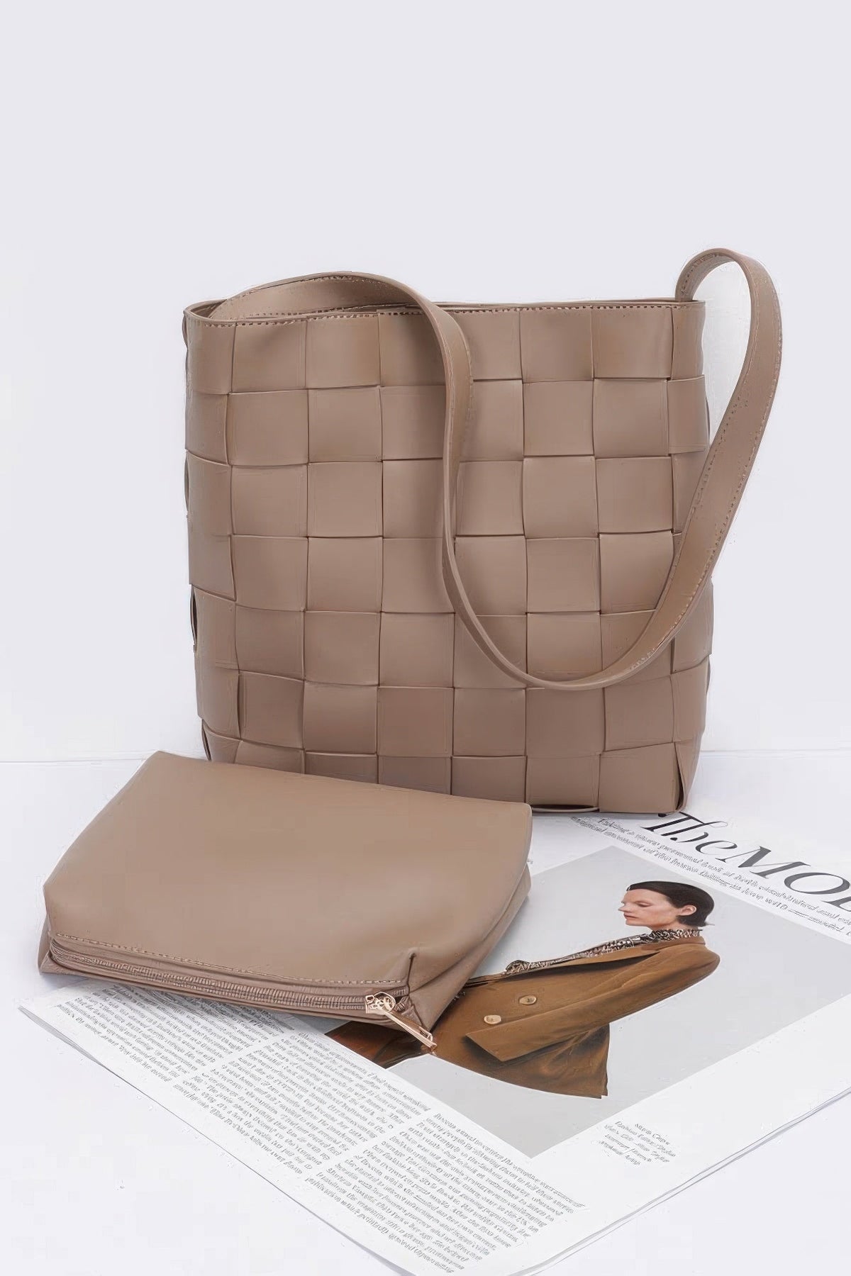 Faux Leather Braided Shoulder Bag W Pouch