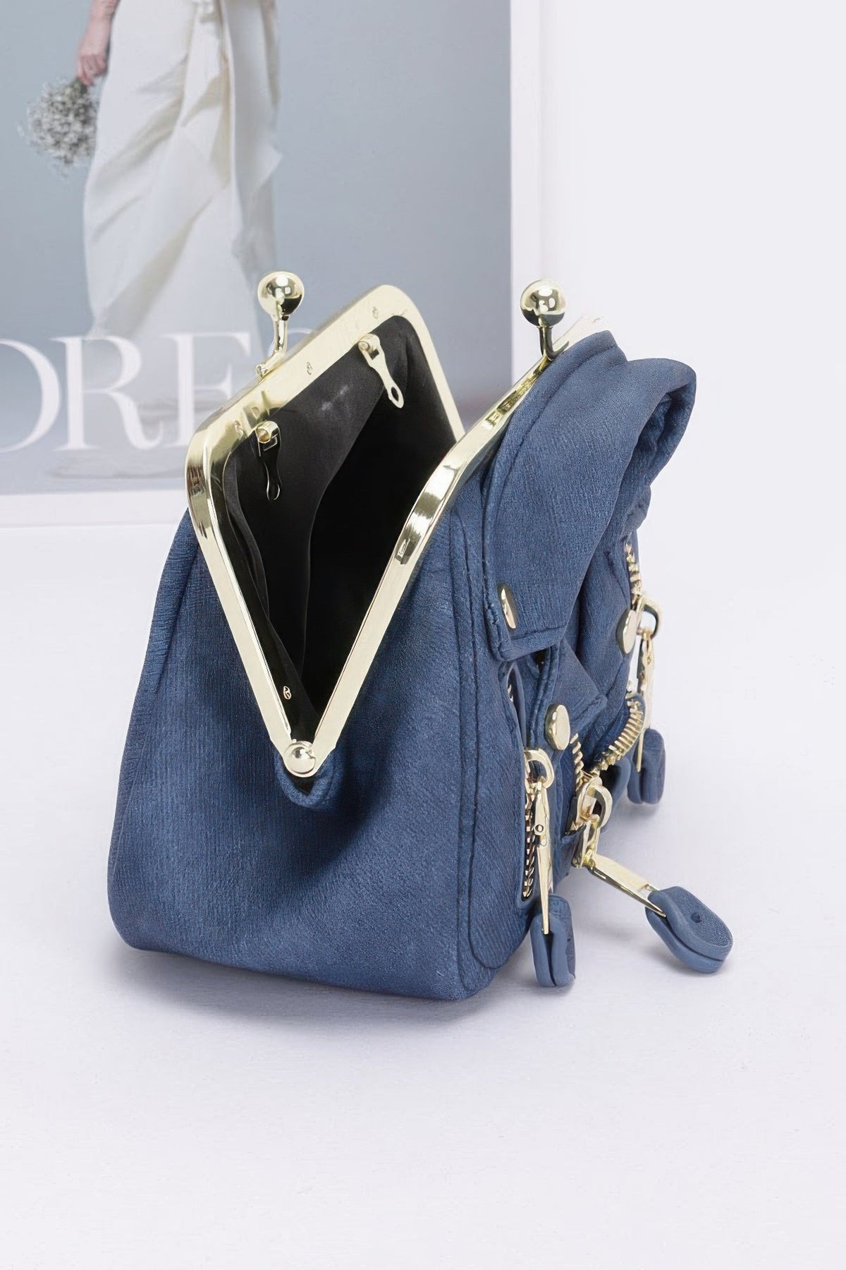 Faux Denim Leather Jacket Style Crossbody Bag