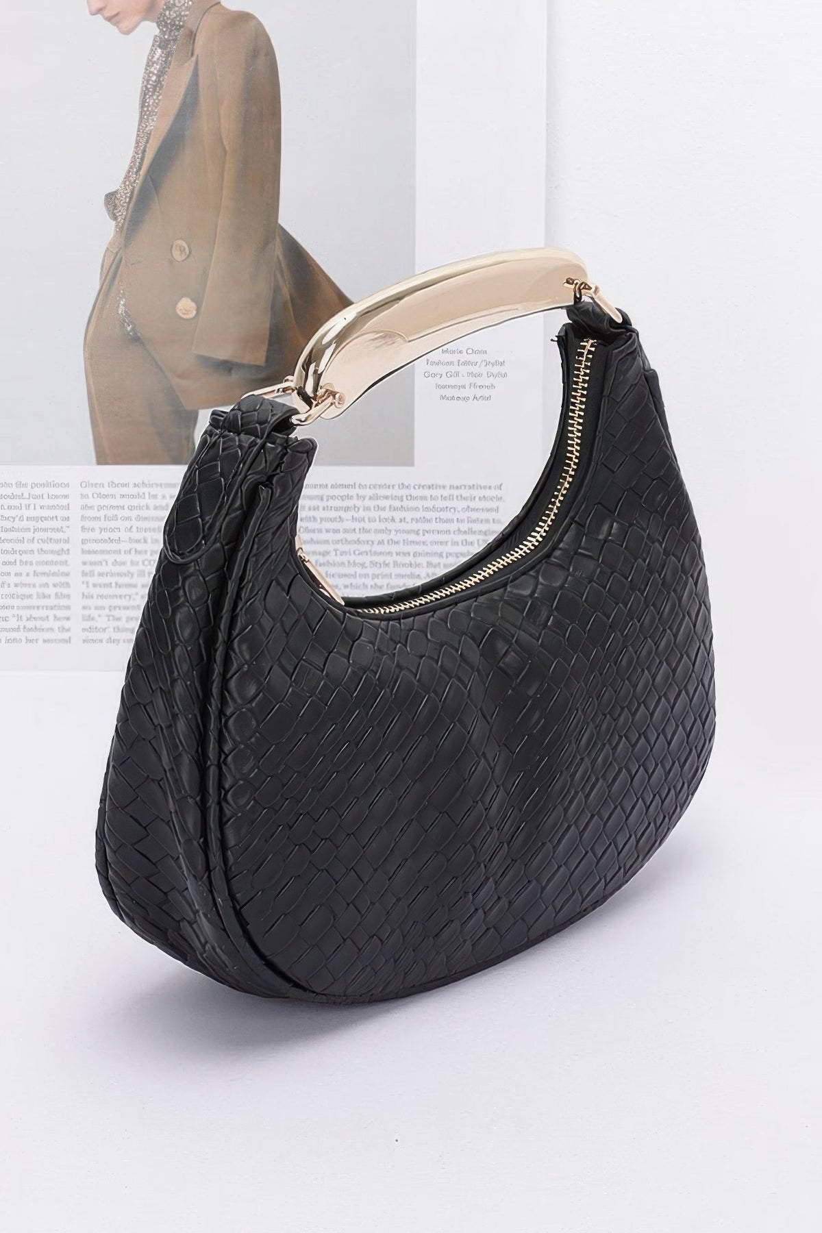 Embossed Faux Leather Metal Handle Bag