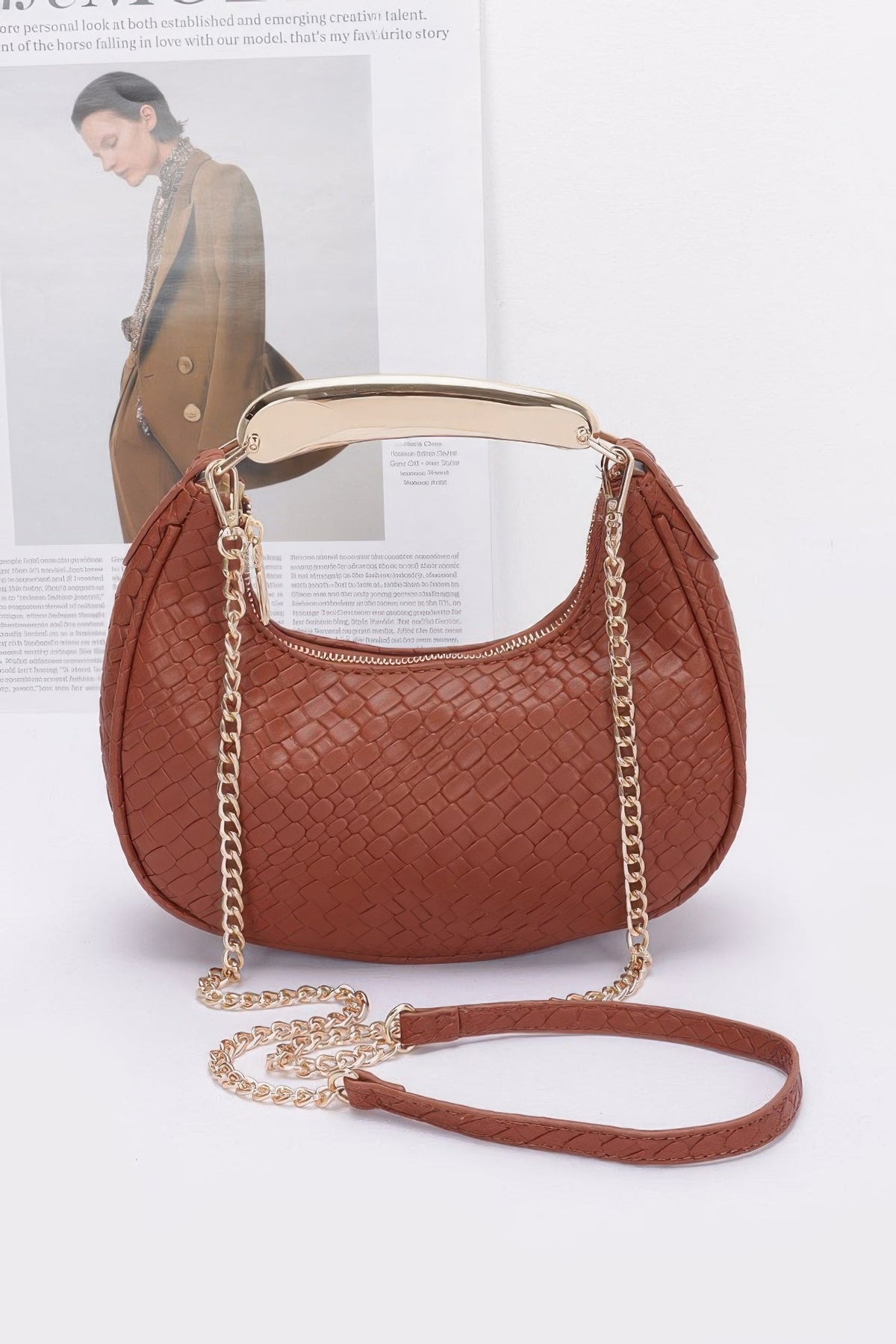 Embossed Faux Leather Metal Handle Bag